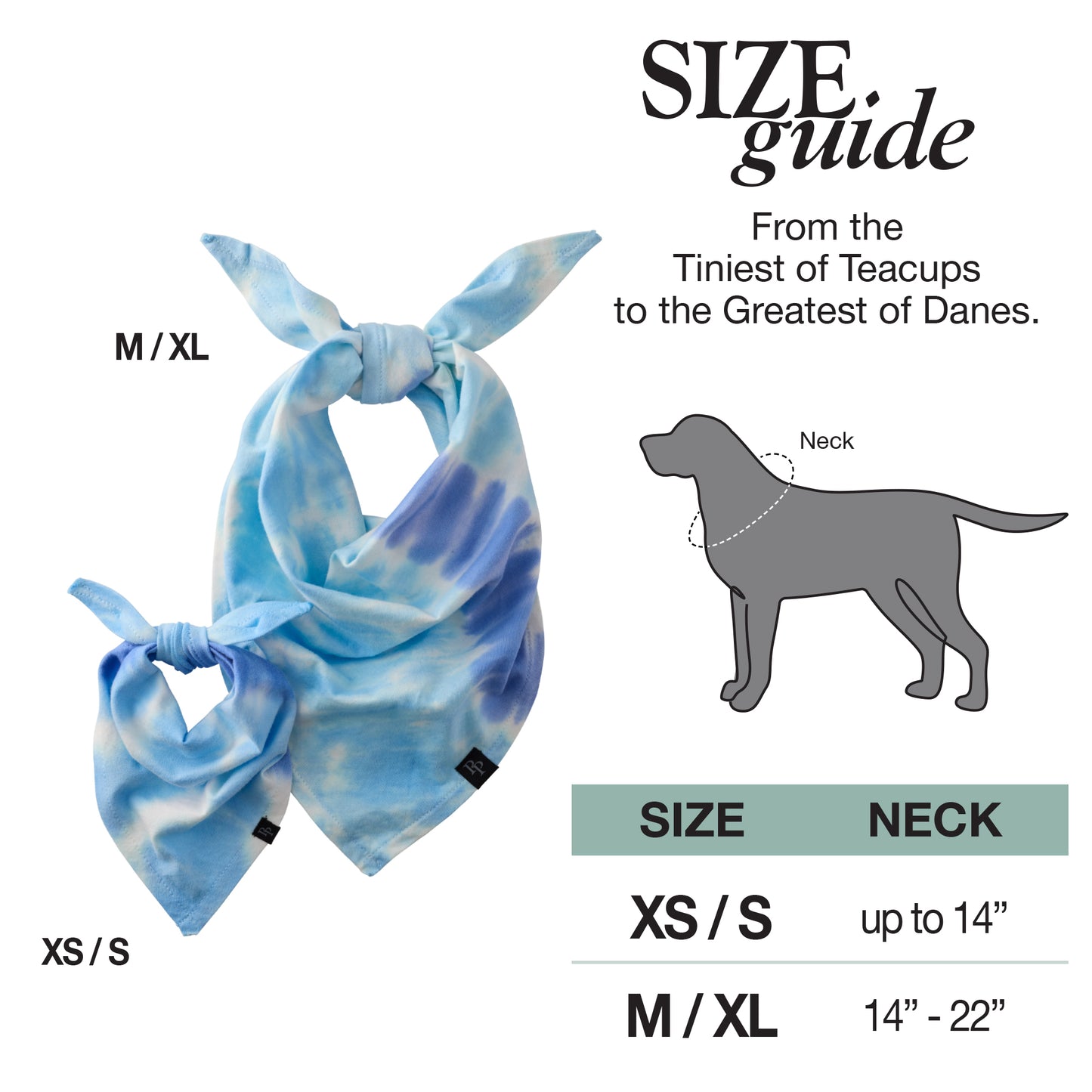 Blue tie-dye dog bandana with size guide on a white background