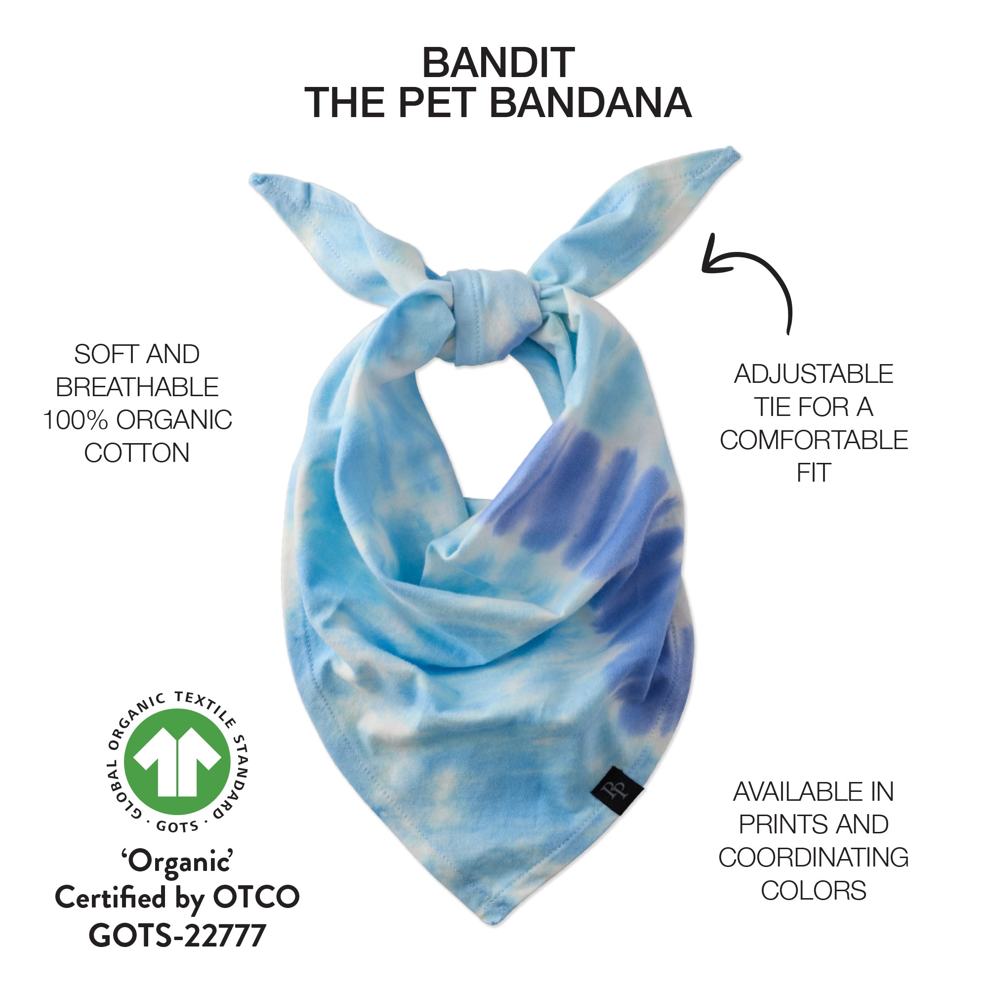 Blue tie-dye pet bandana with text describing features on a white background