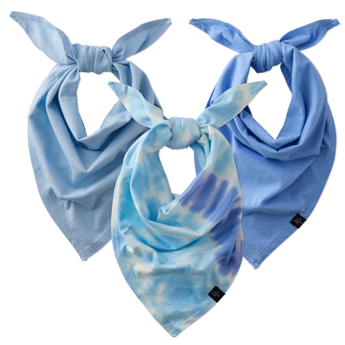 Three blue bandanas with different patterns on a white background