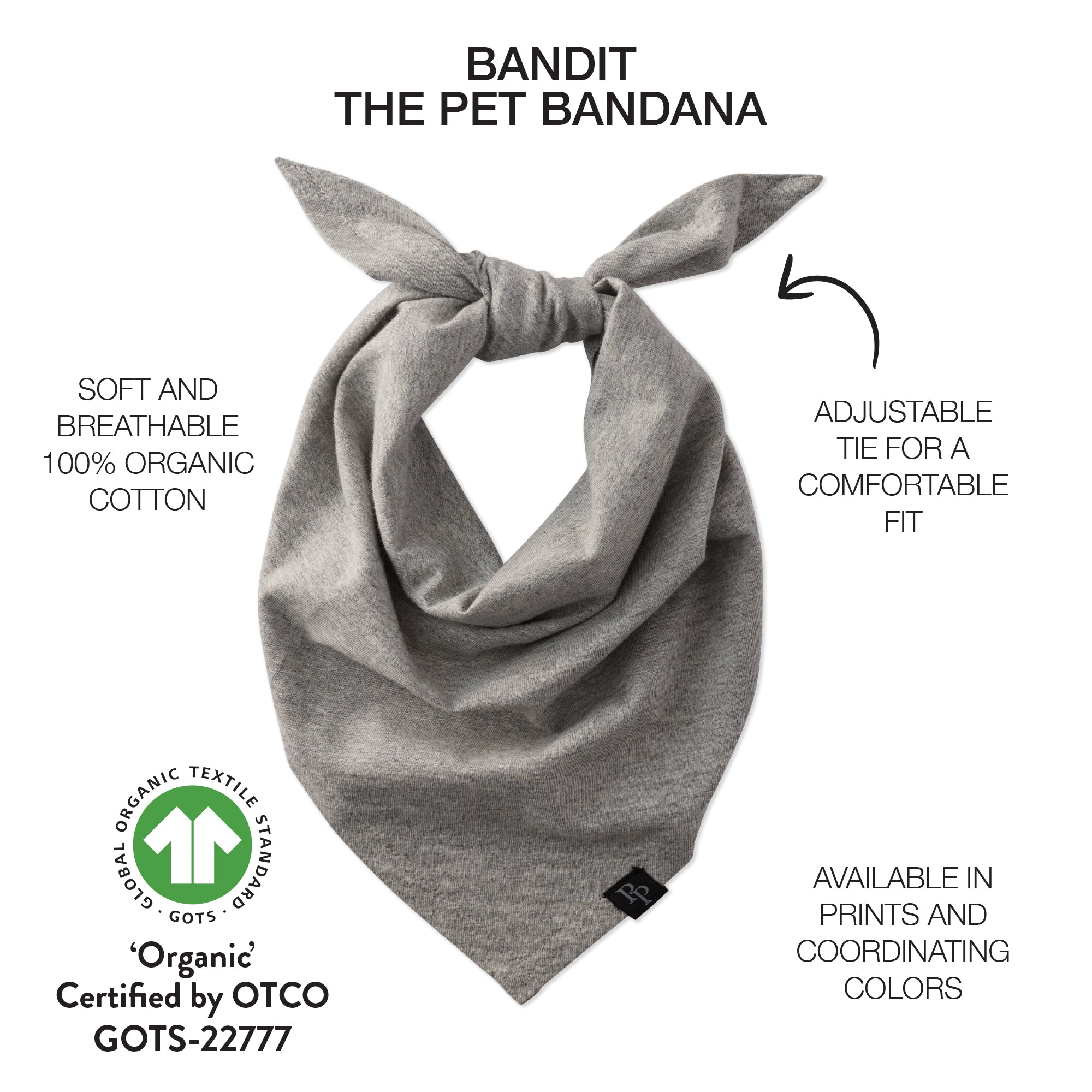 Gray pet bandana with text describing features and certifications on a white background