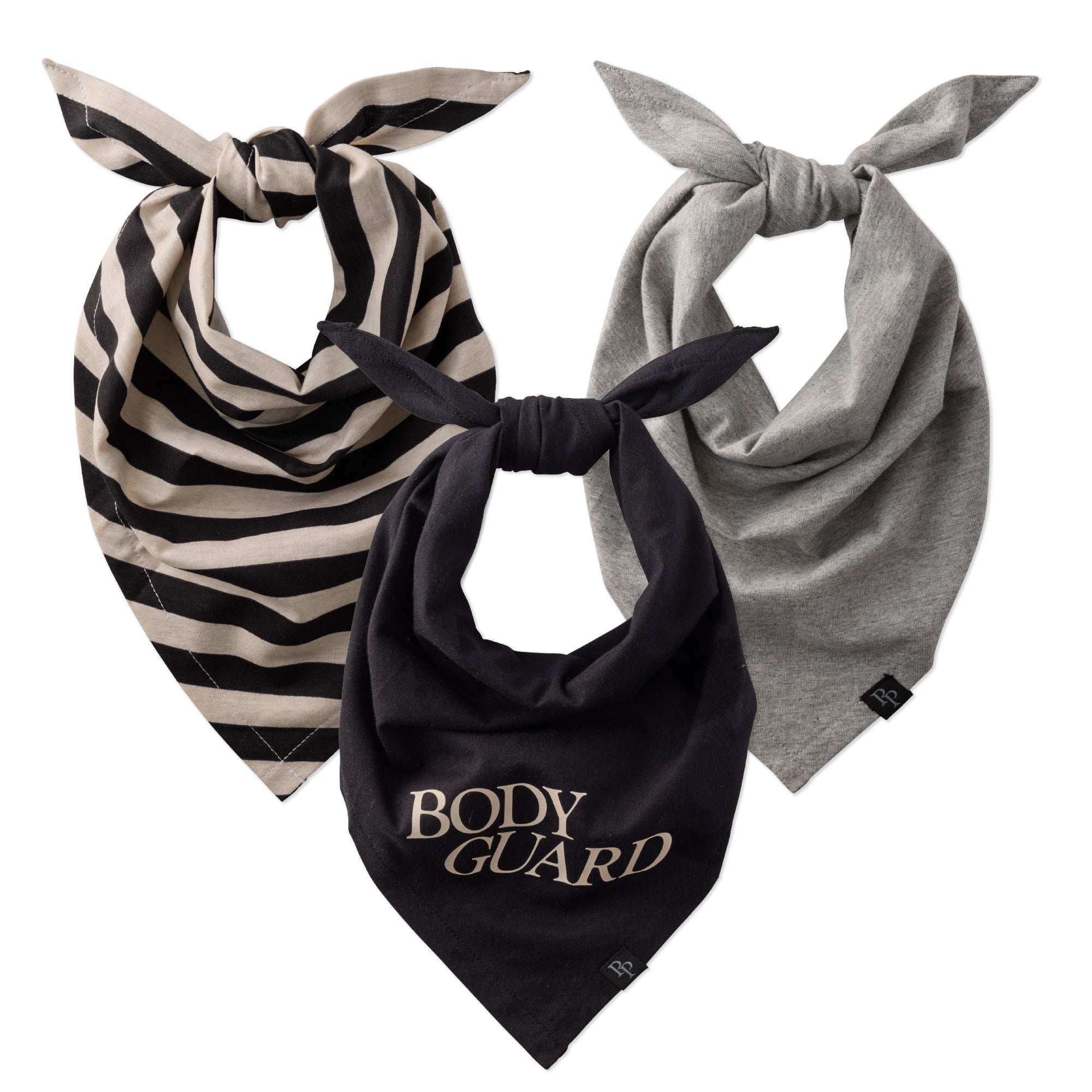 Three bandanas in black, gray, and striped patterns on a white background