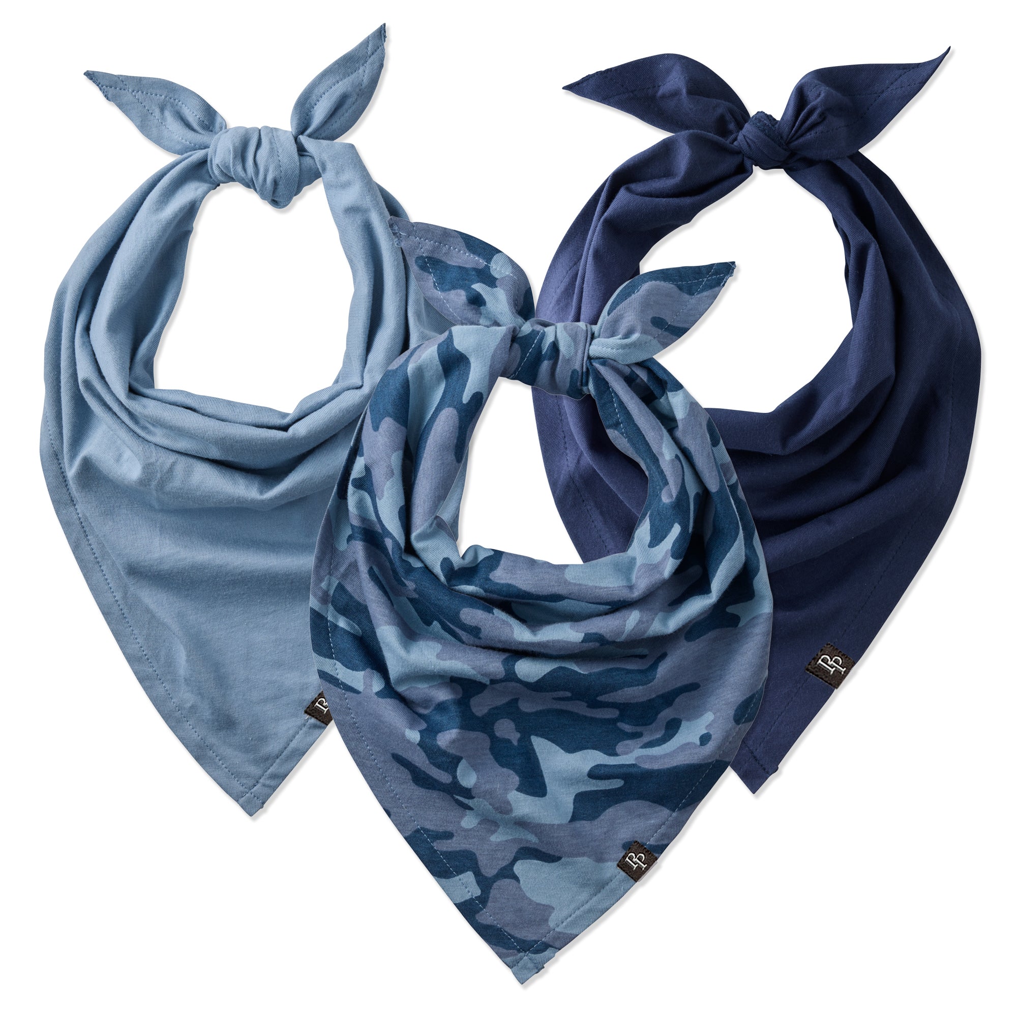 Light blue, Dark blue, and Blue camo pet bandanas on a white background
