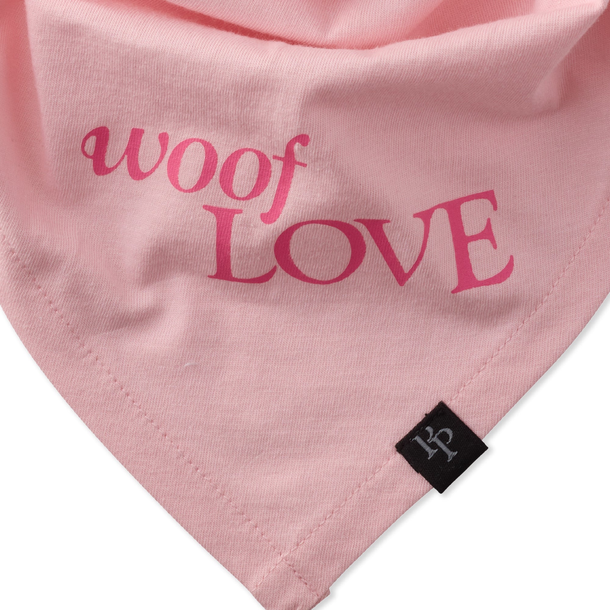 Pink bandana with 'woof LOVE' text and a brand logo on a white background