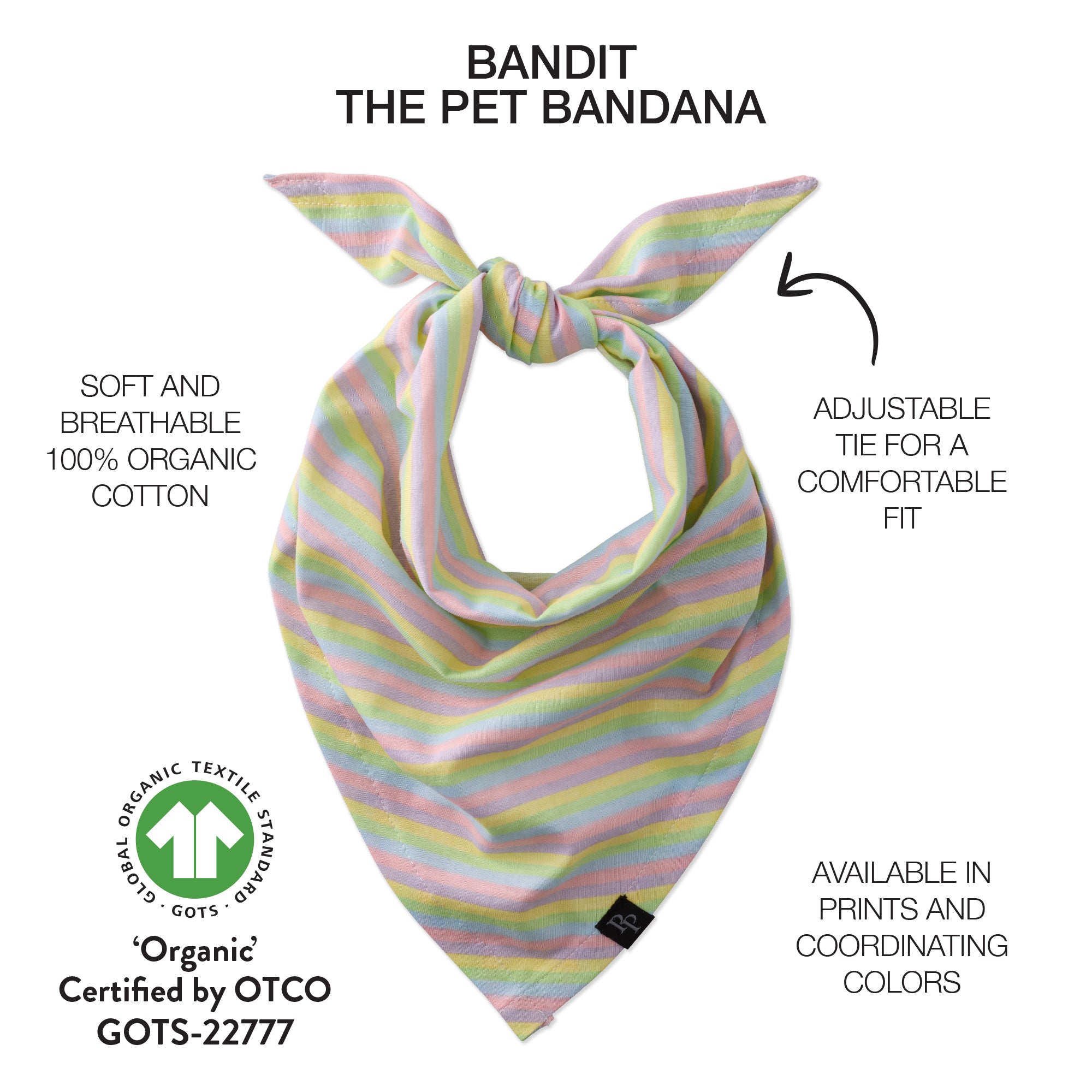 Pastel striped pet bandana with text describing features and certifications on a white background