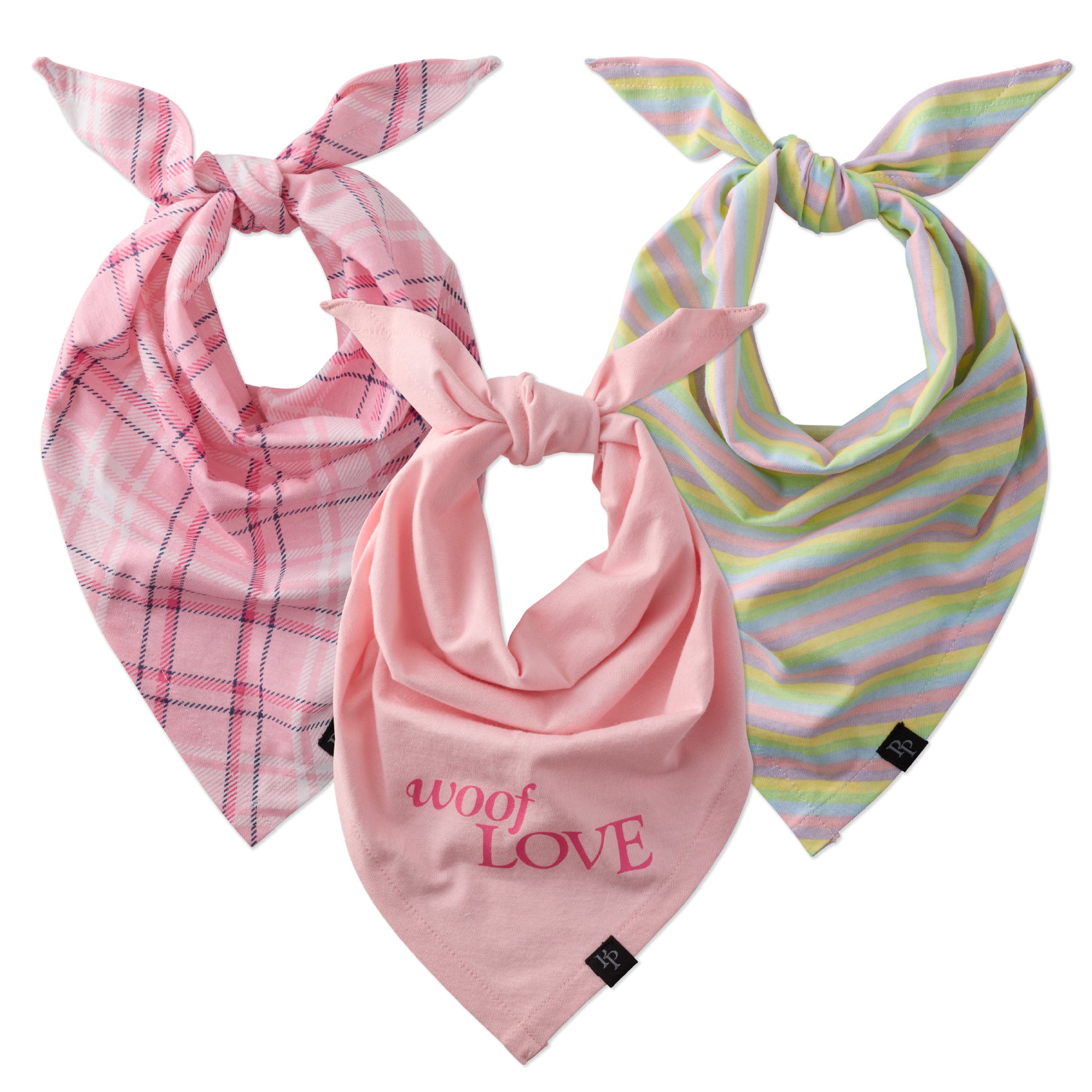 Three colorful bandanas with different patterns on a white background