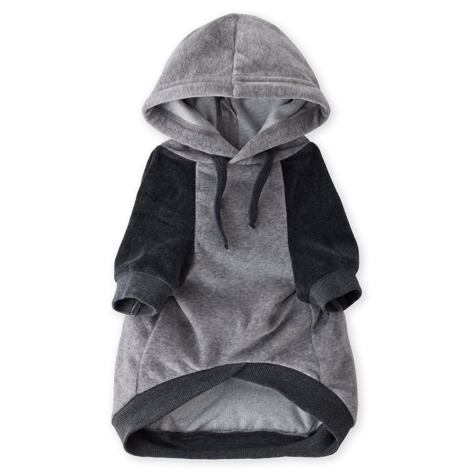 Pet Passion Cooper II cozy velour dog hoodie in Heather Gray Color Block — soft organic cotton velour sweatshirt for small to large dogs