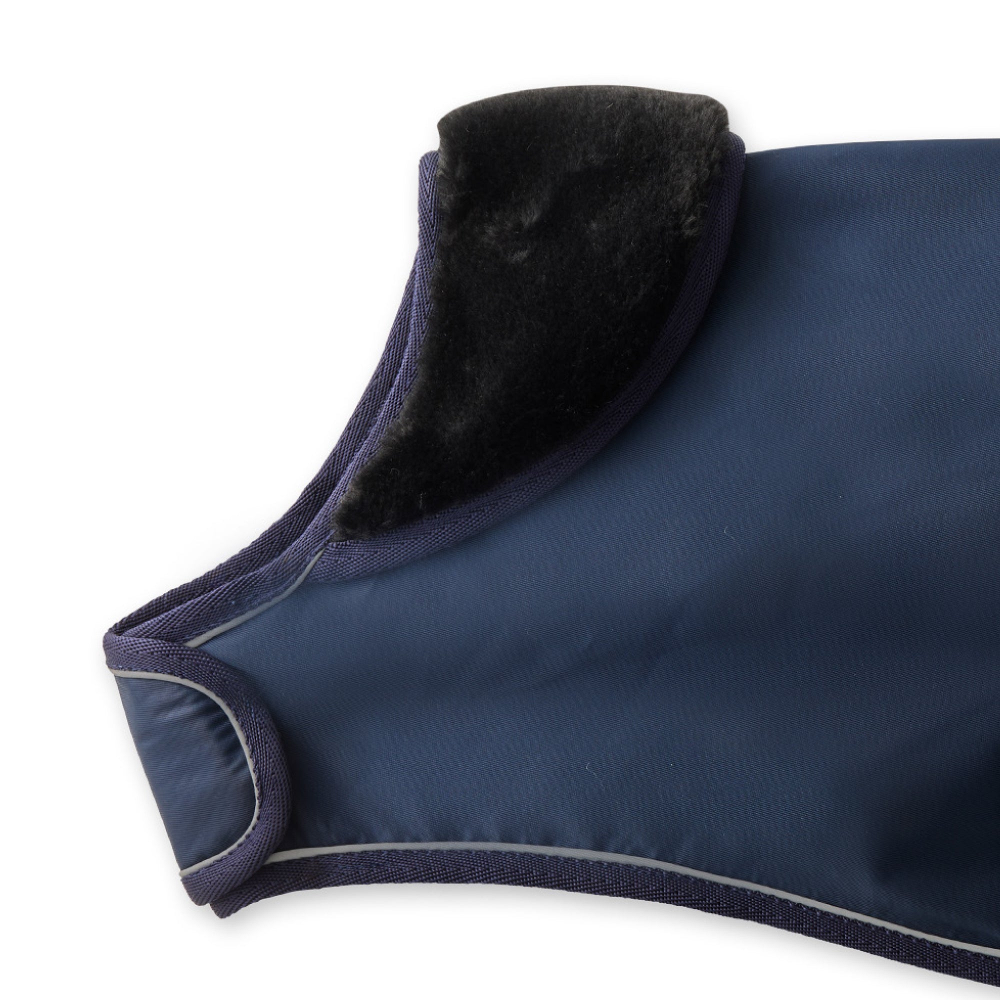 Navy blue garment with black fur lining on a white background