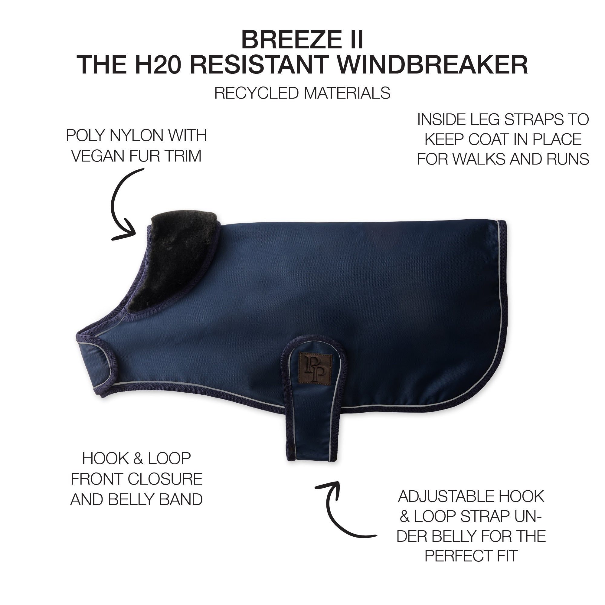 H20 resistant windbreaker with features highlighted on a white background