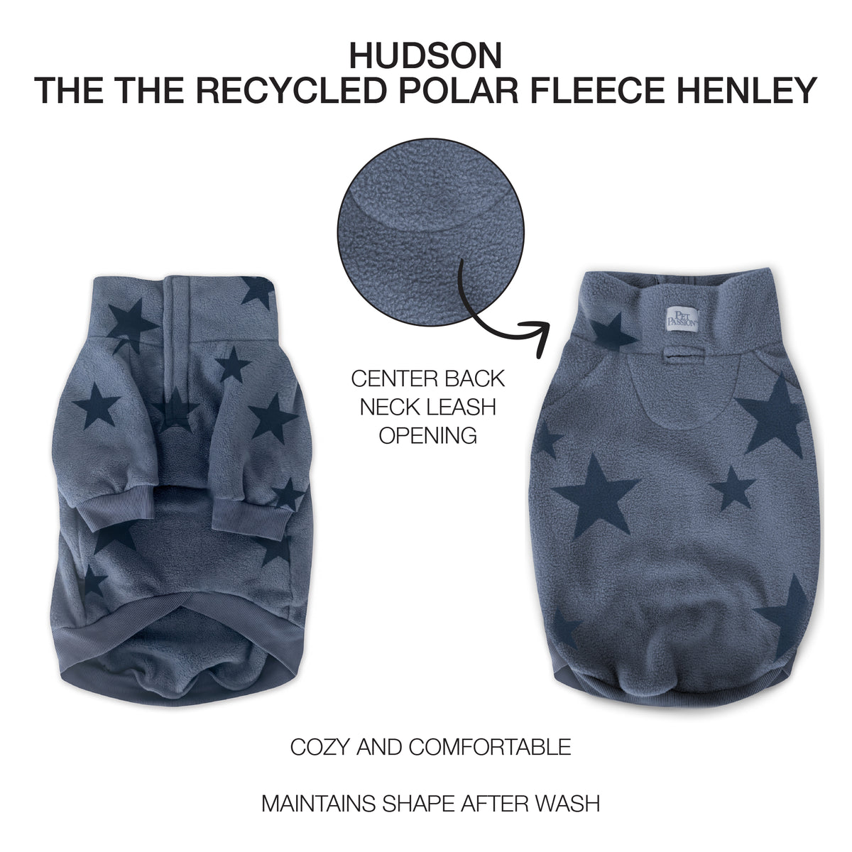 Hudson dog henley in Faded Denim Stars on white background