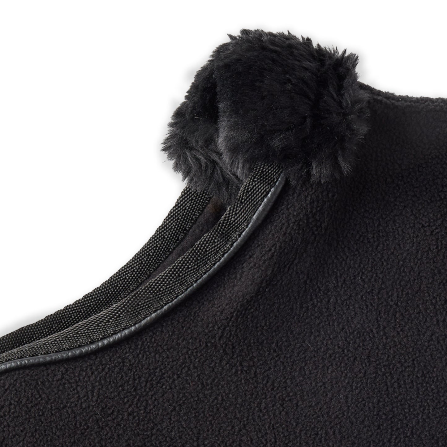 Pet Passion Preston II polar fleece dog coat in Black — close-up detail of fleece fabric and reflective trim