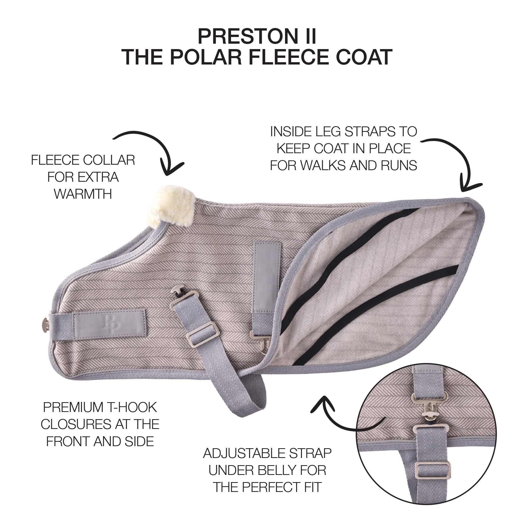 dog fleece with Preston II label and product descriptions surrounding it