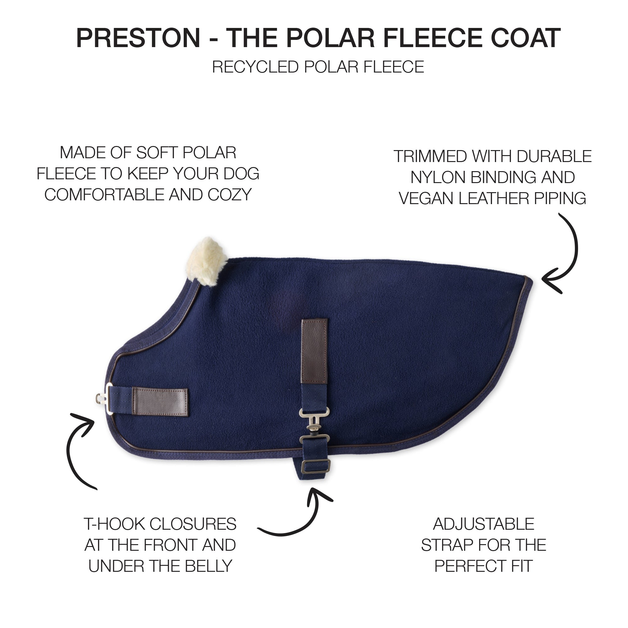 Navy dog coat with text detailing features on a white background