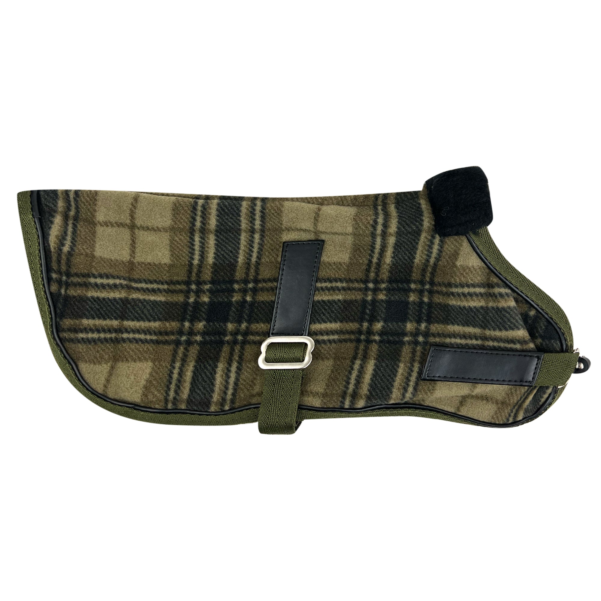 backside of fleece in olive chesterfield plaid