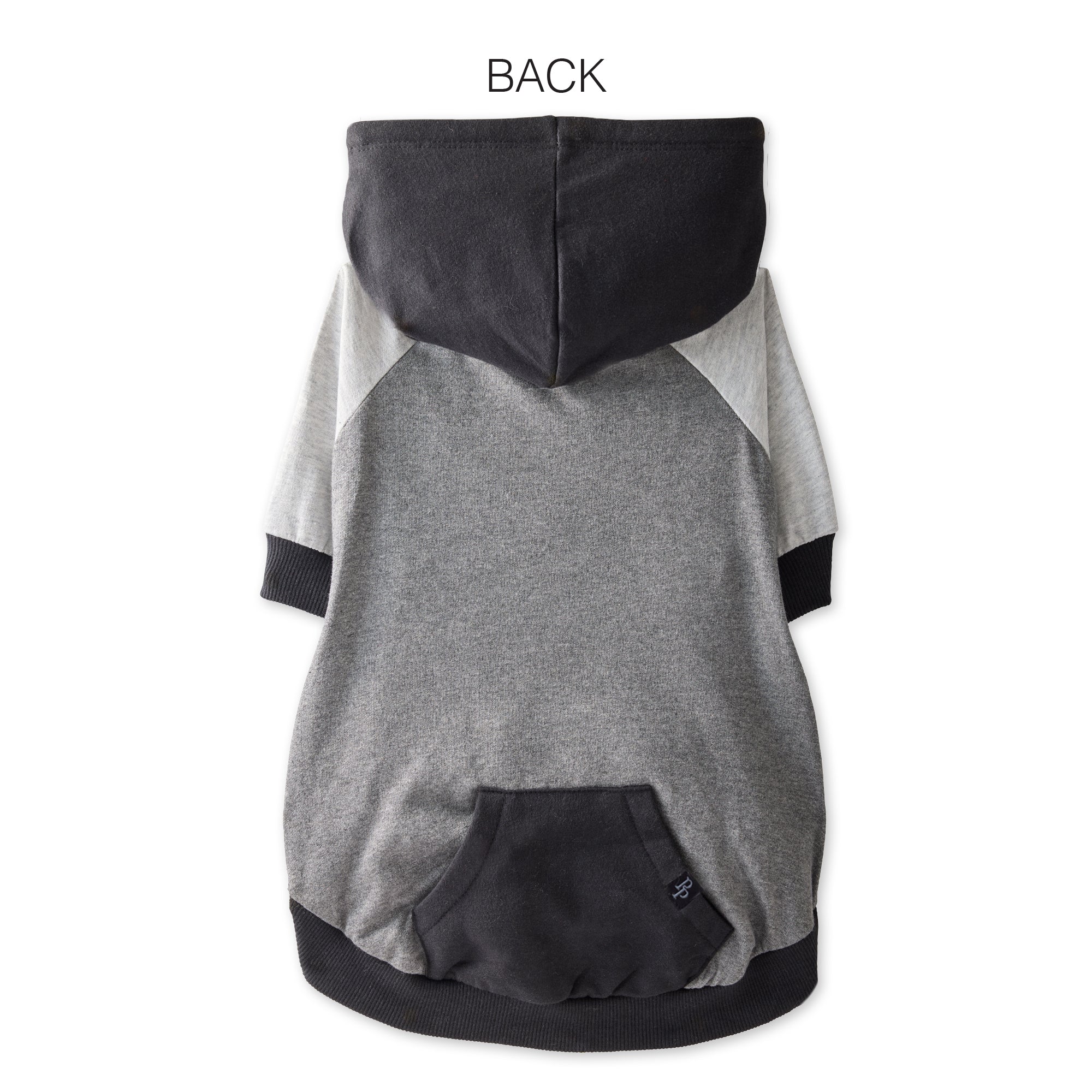 Gray and black hoodie with a visible brand logo on a white background