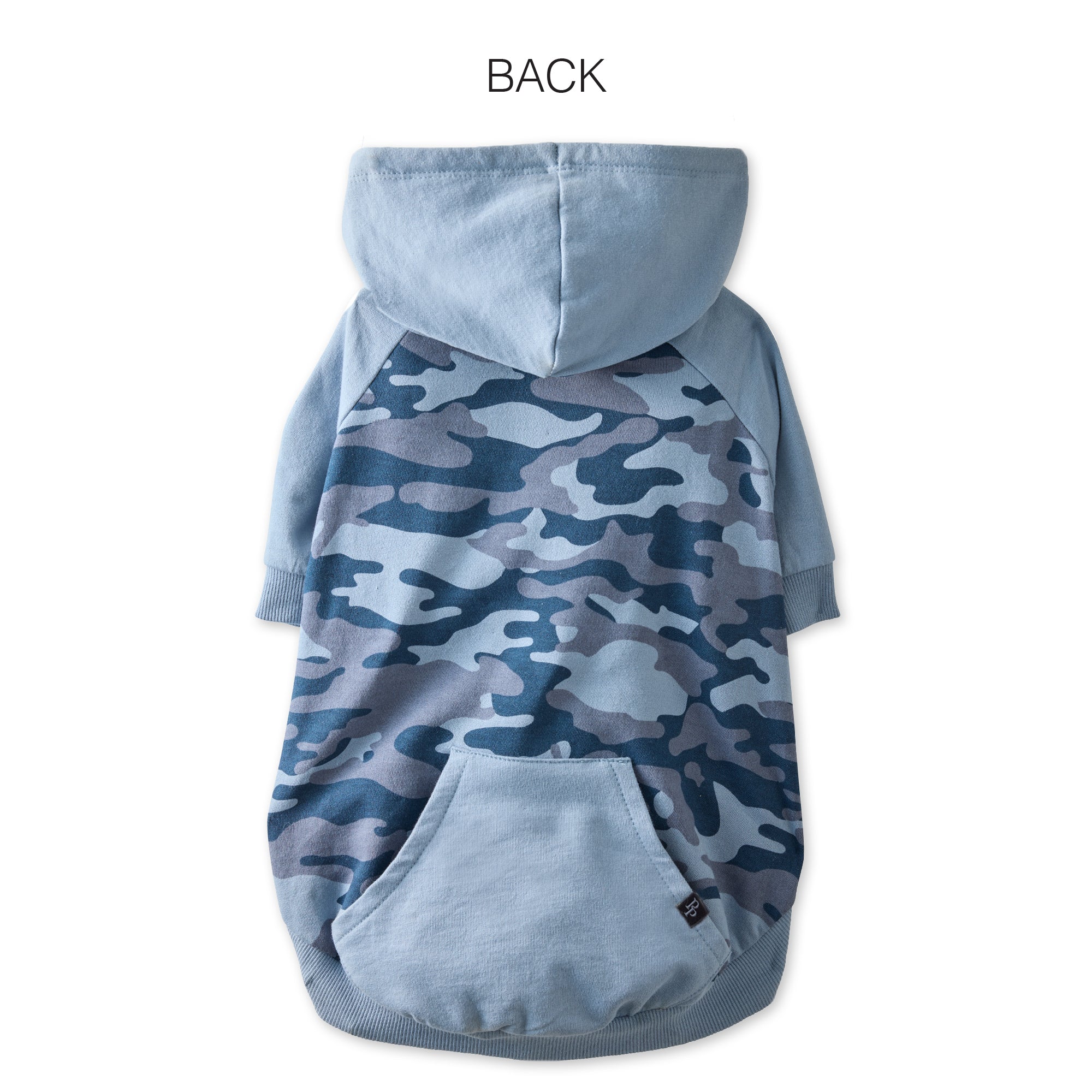 Blue camouflage dog hoodie with a hood on a white background