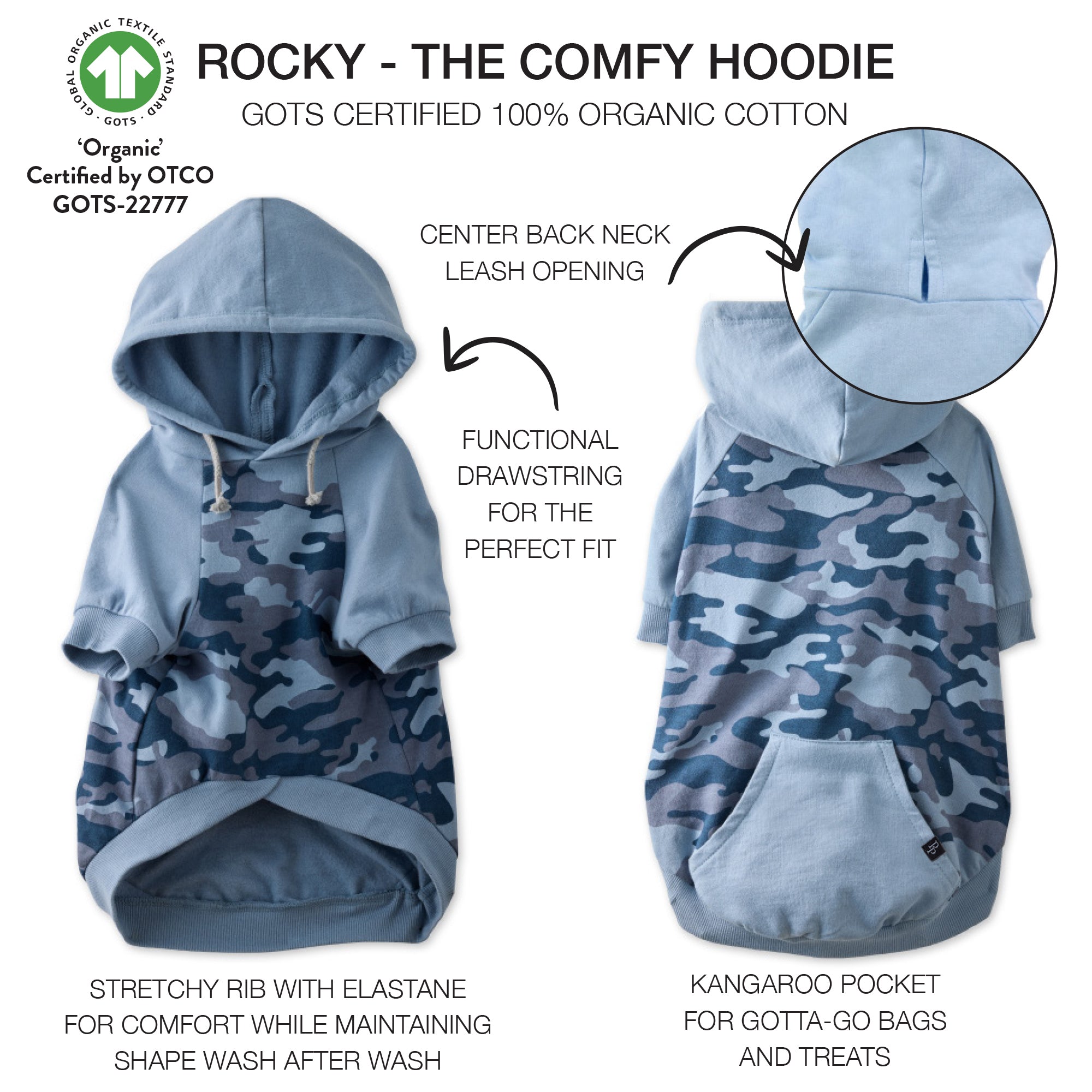 Camouflage dog hoodie with features highlighted on a white background