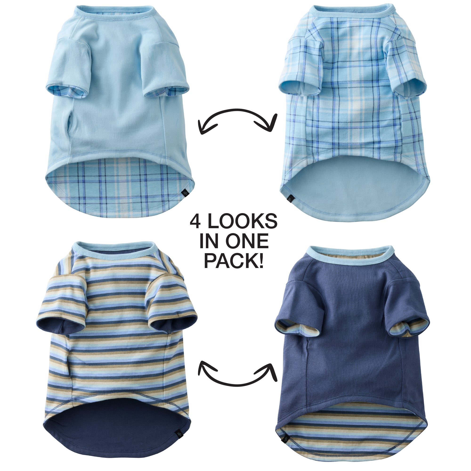 Four different blue pet shirts in various patterns on a white background.