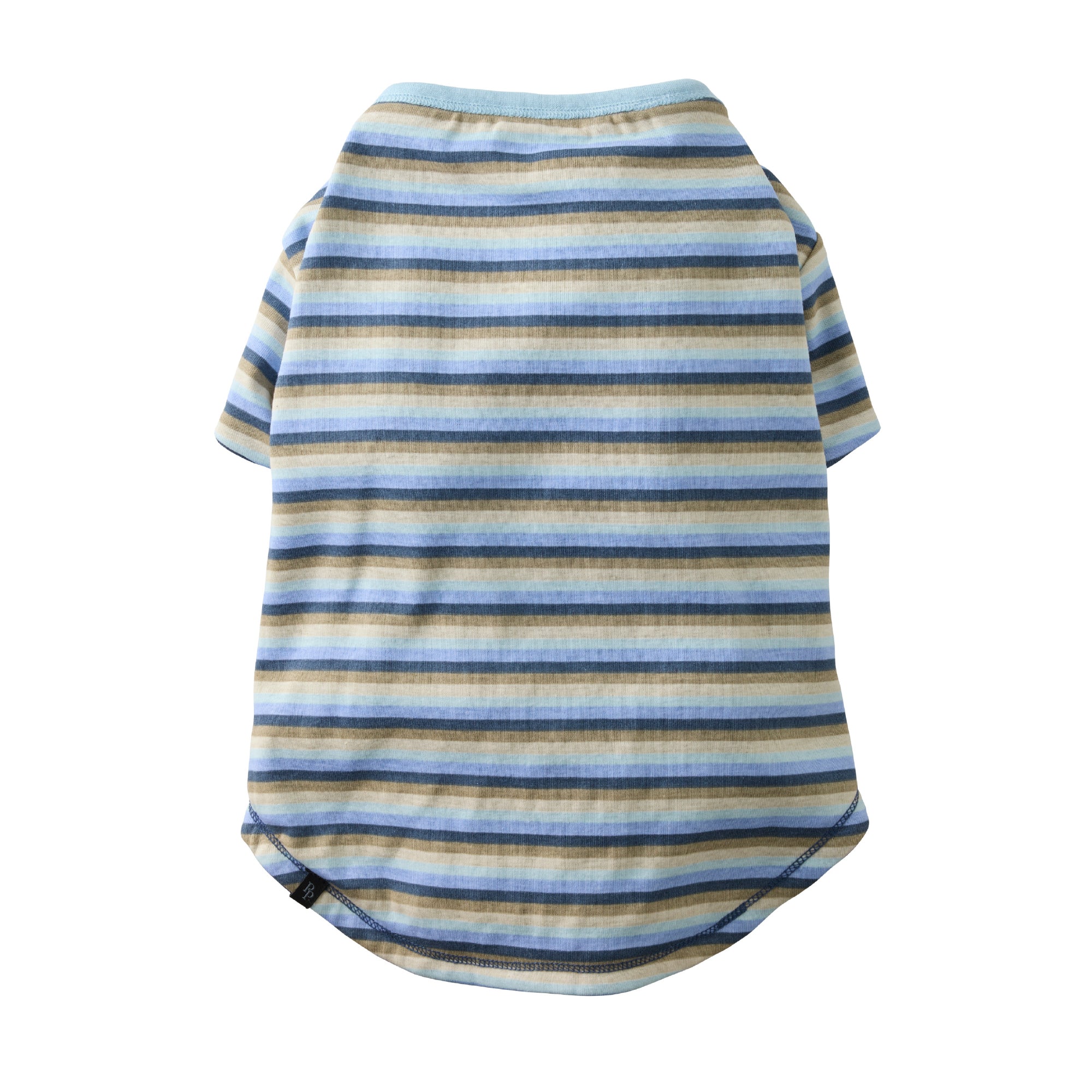 Striped pet shirt with blue and beige pattern on a white background