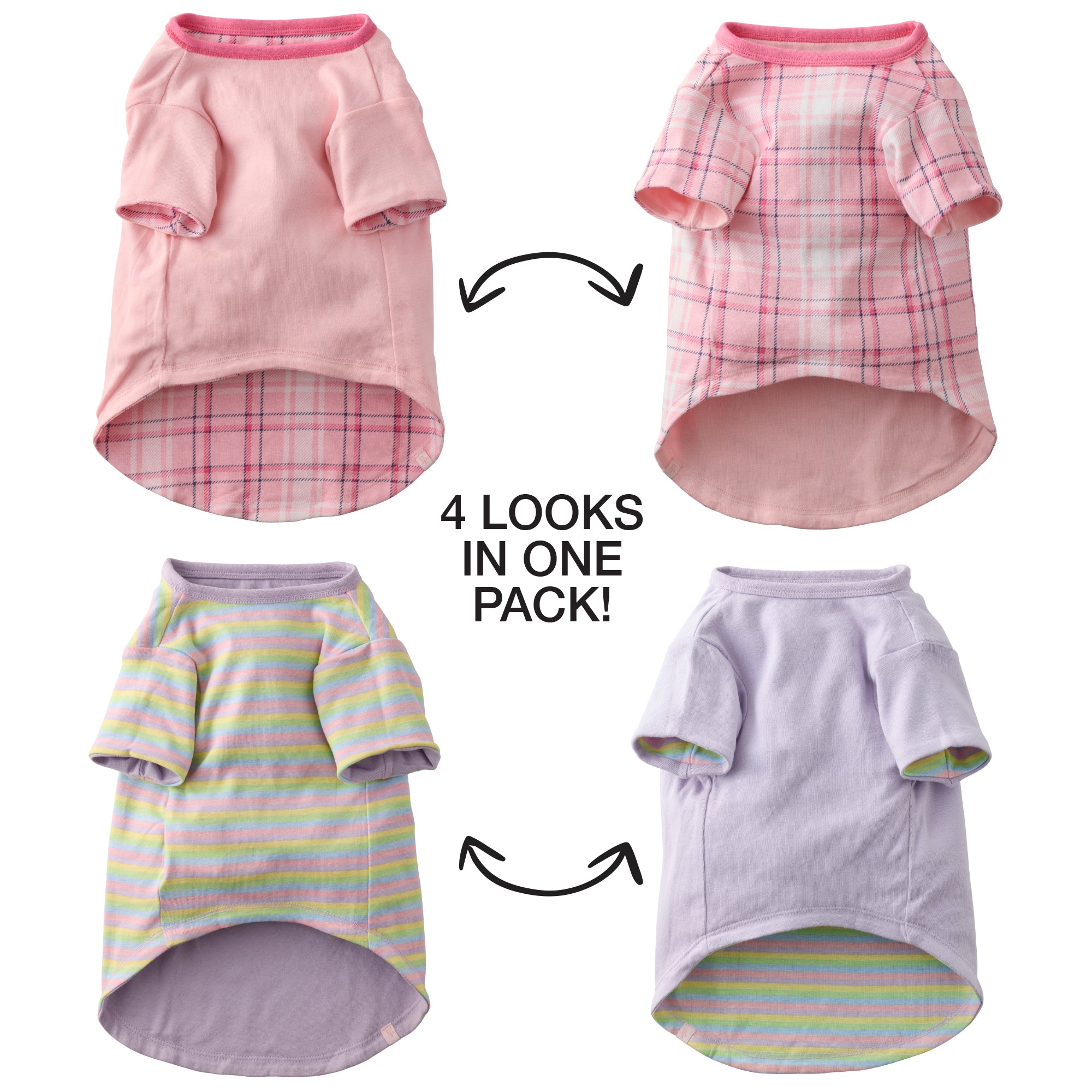 Four different dog shirts in various patterns and colors on a white background.