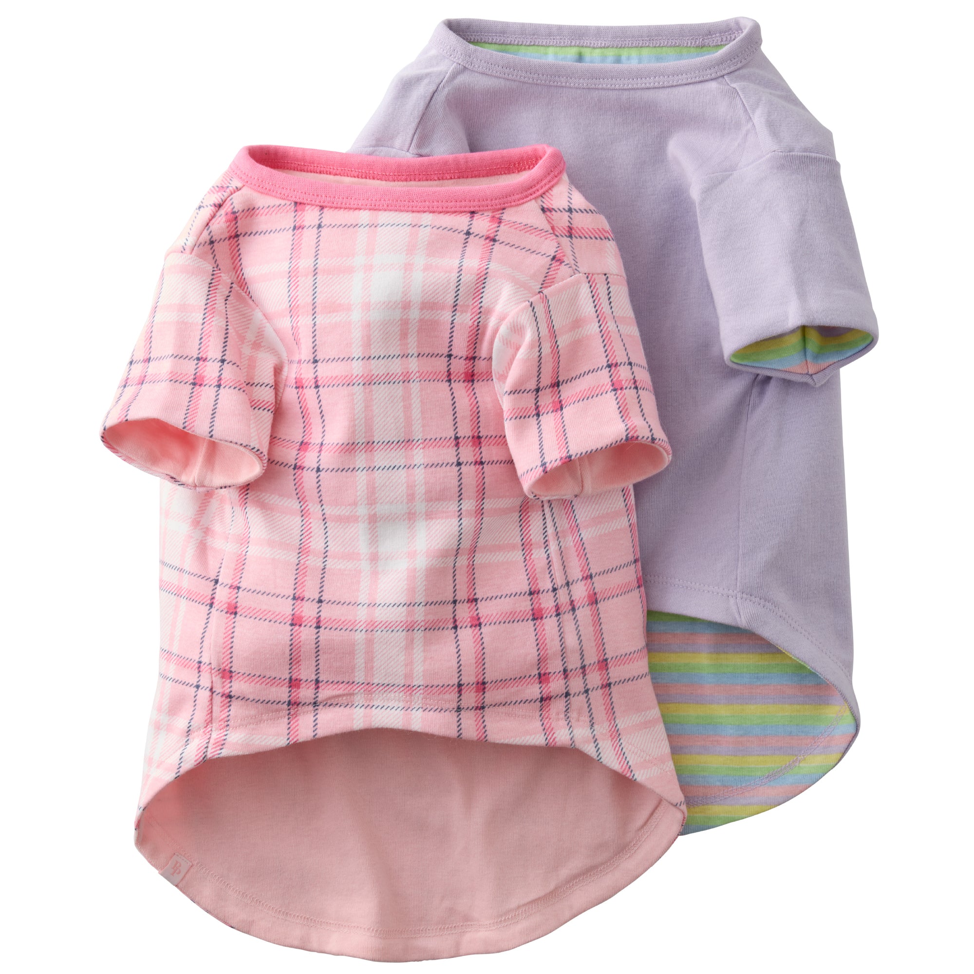 Two pet shirts, one pink plaid and one gray with colorful trim, on a white background.