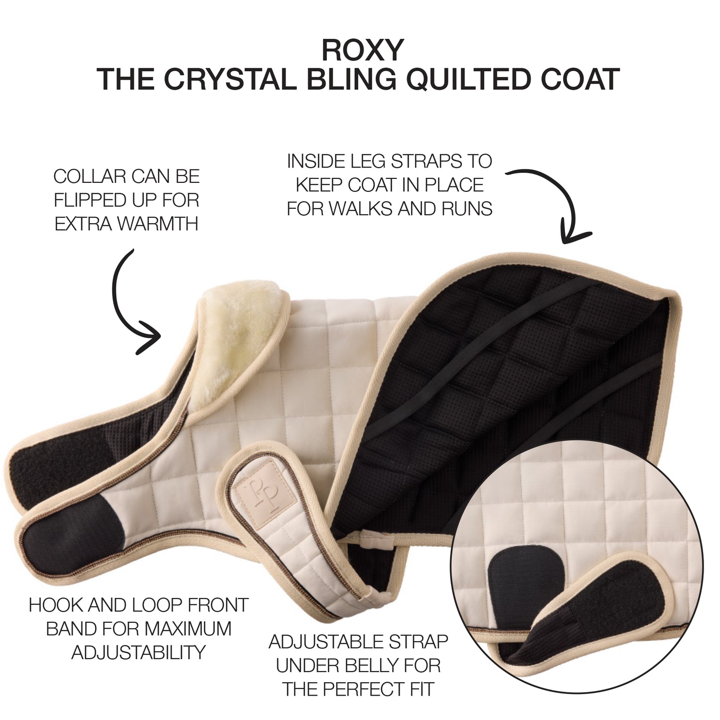 Quilted dog coat with features highlighted on a white background