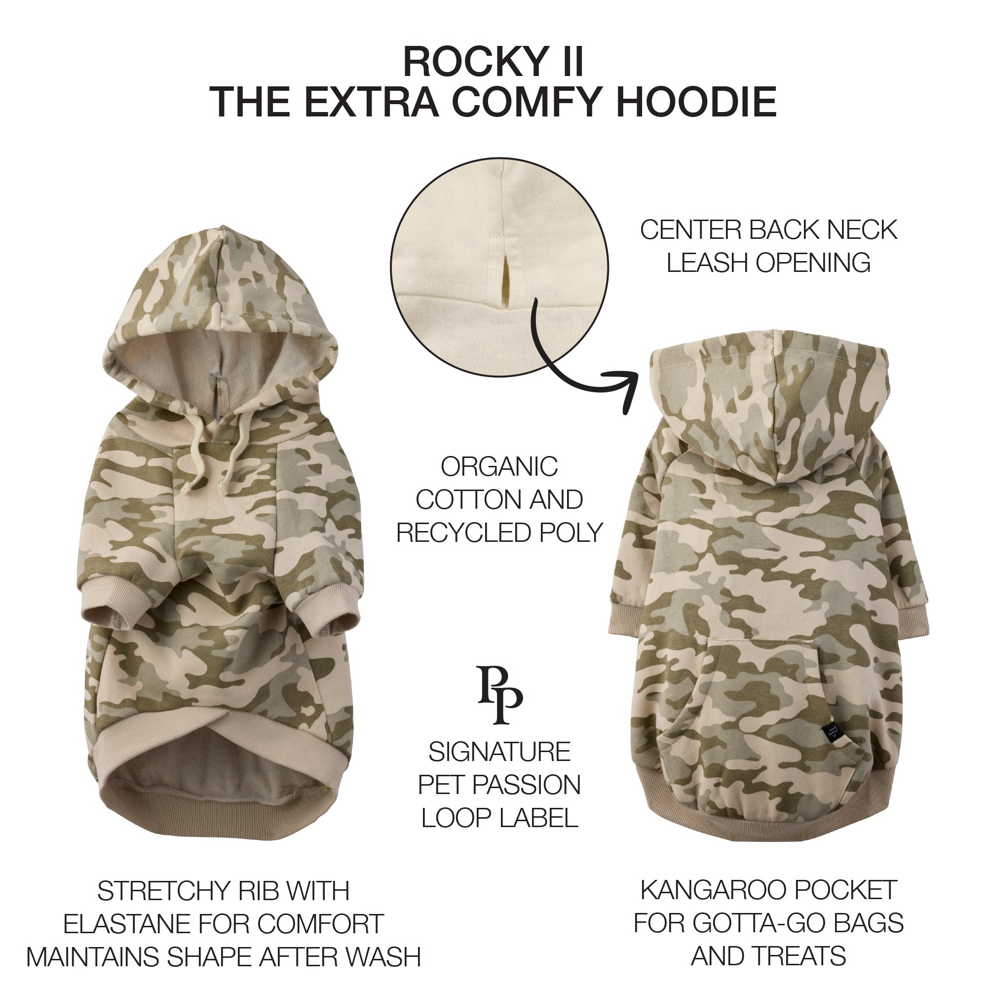 Rocky II the Extra Comfy Hoodie in Camouflage with product descriptions and pet passion loop label