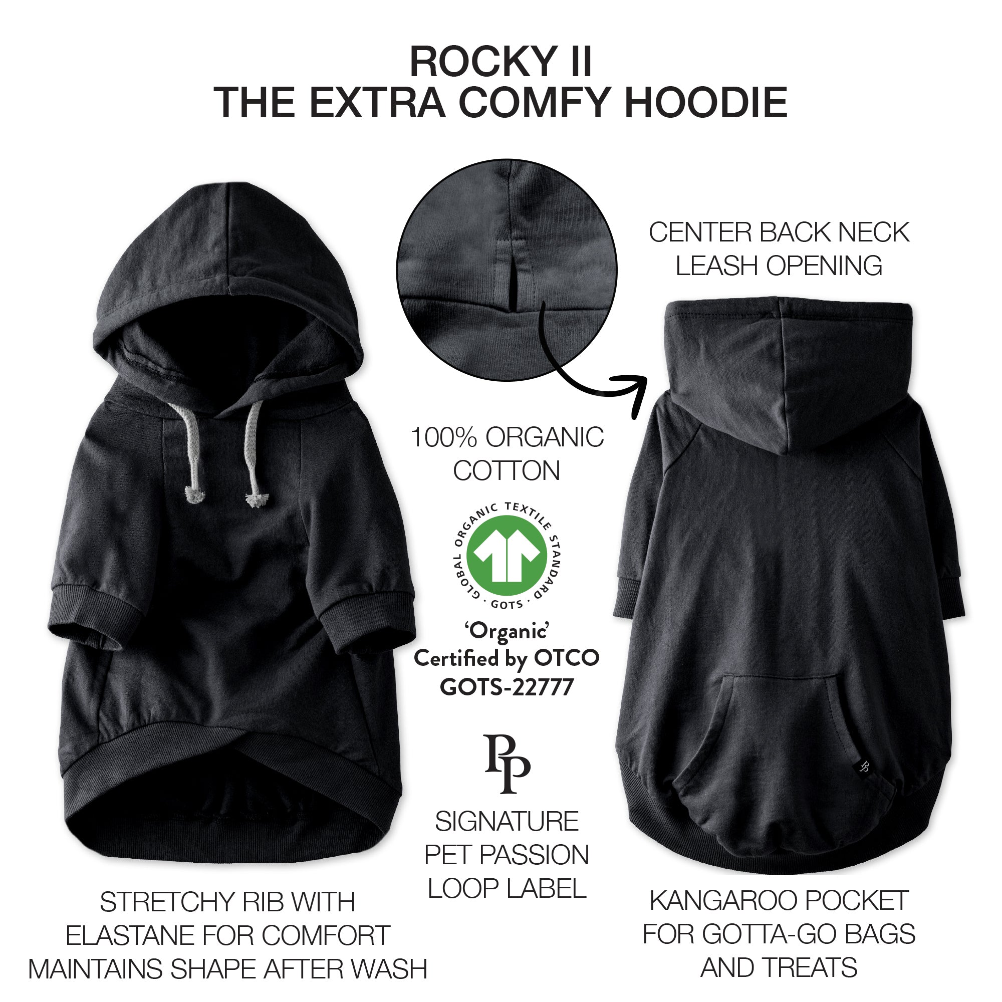 Rocky hoodie, front and back, surrounded by product descriptions and GOTS certifications