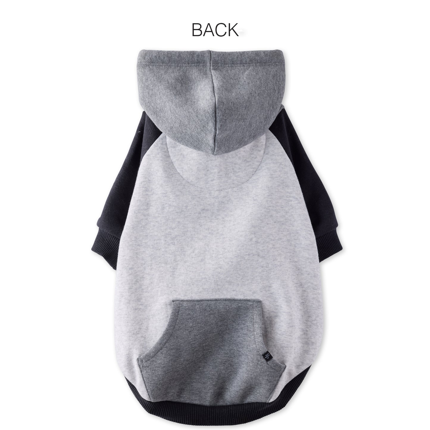 Gray dog hoodie with black sleeves on a white background