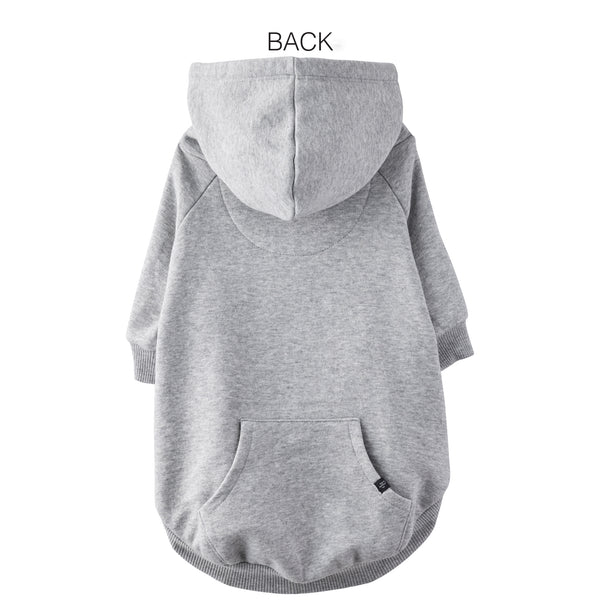 Gray pet hoodie with a pocket on the back, shown from the back view.