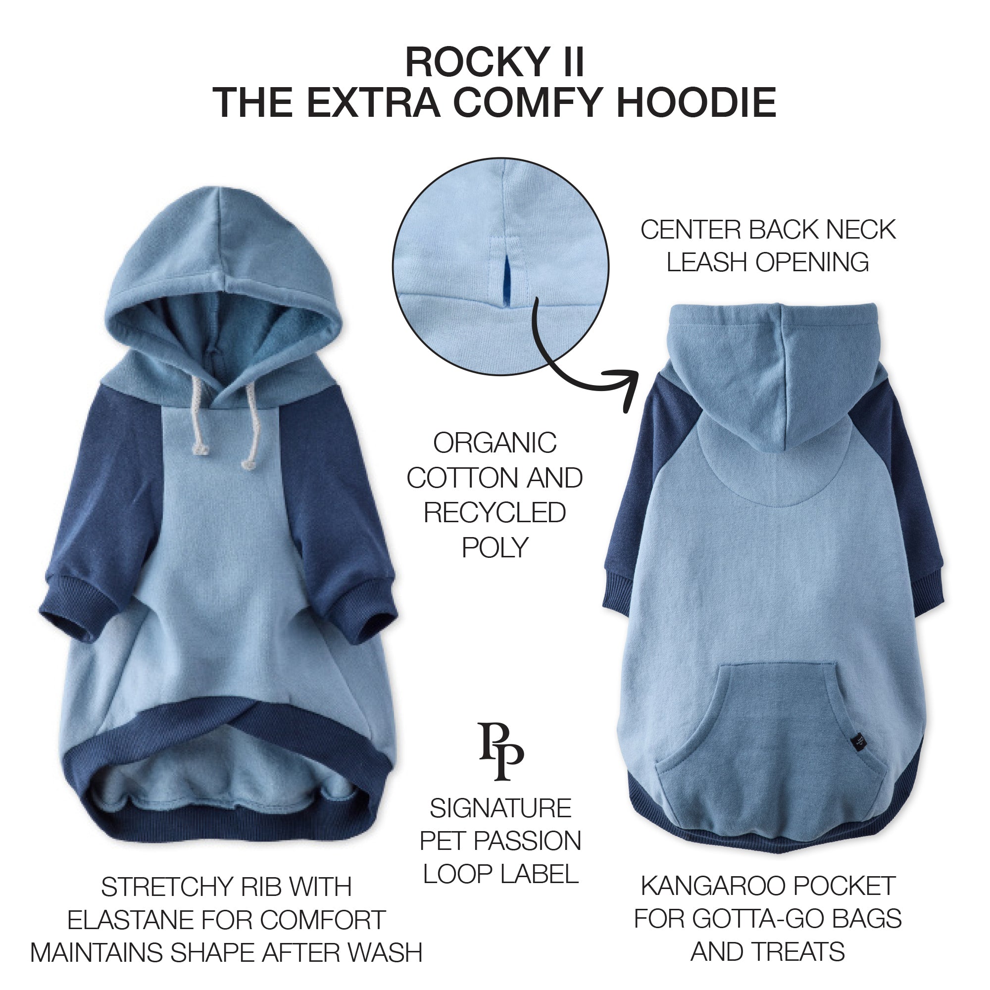 Pet Passion Rocky II extra plush comfy dog hoodie in Navy Color Block — cozy fleece-lined sweatshirt for small to large dogs