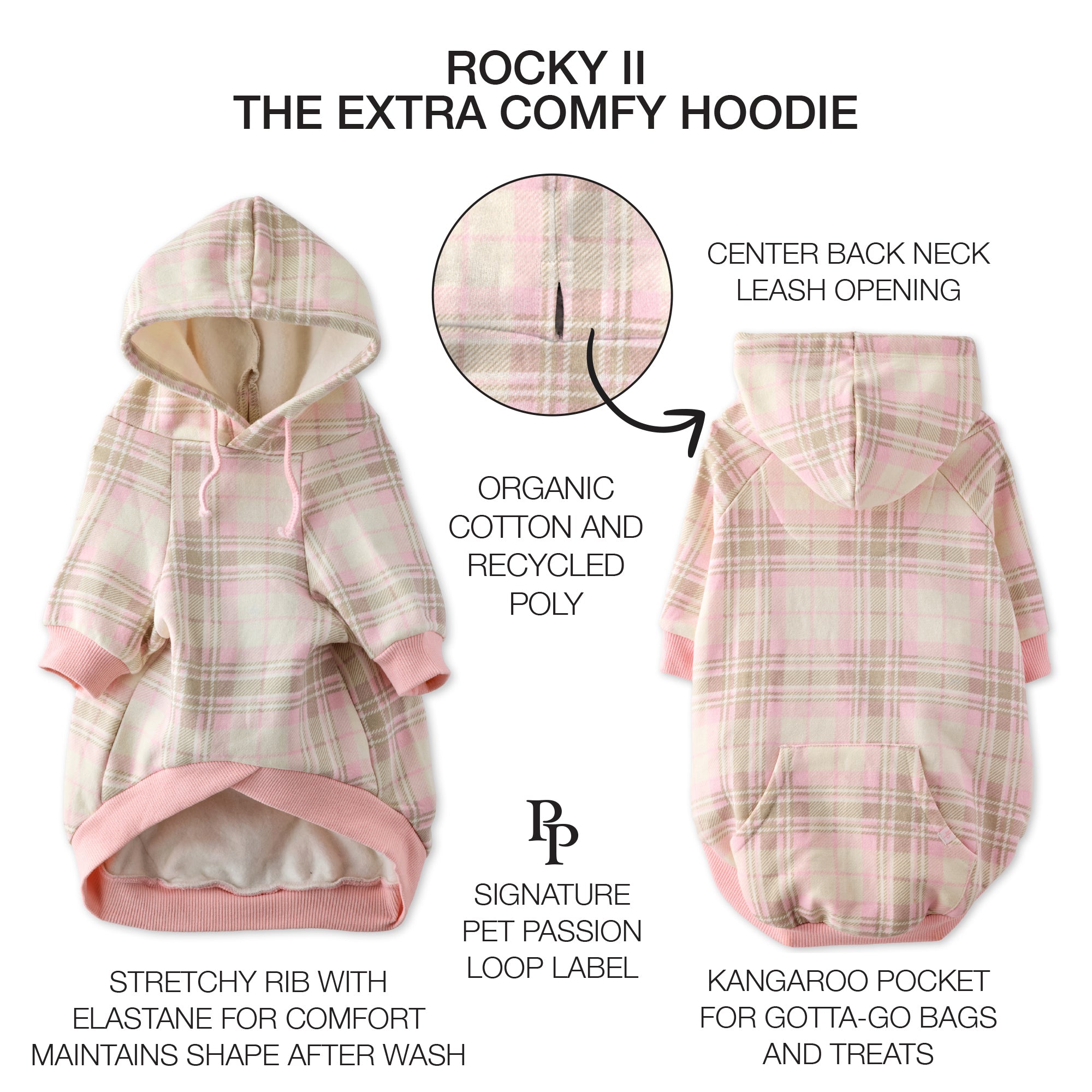 Pet Passion Rocky II extra plush comfy dog hoodie in Pink Chesterfield Plaid — cozy fleece-lined sweatshirt for small to large dogs