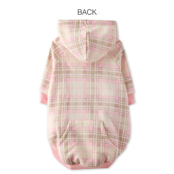 Pink and beige plaid dog coat on a white background