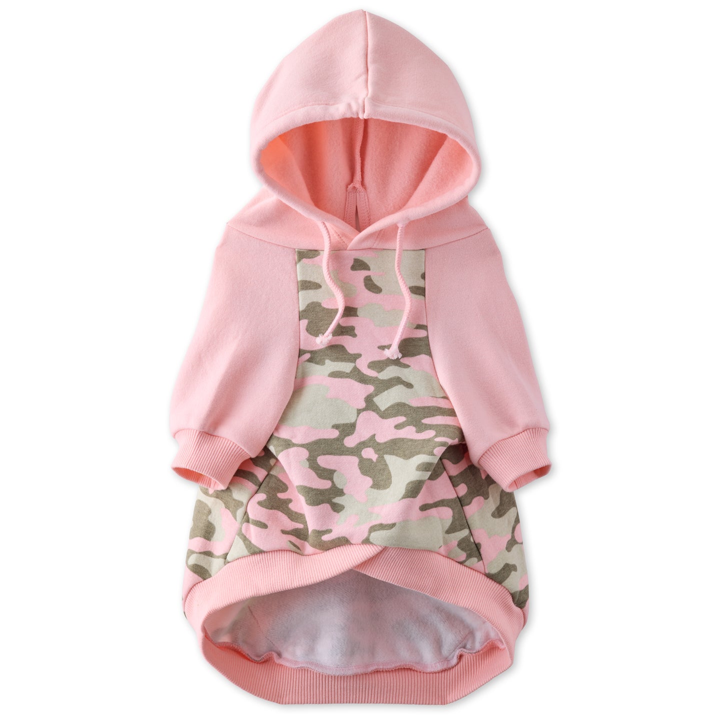 Pink pet hoodie with camouflage pattern on a white background