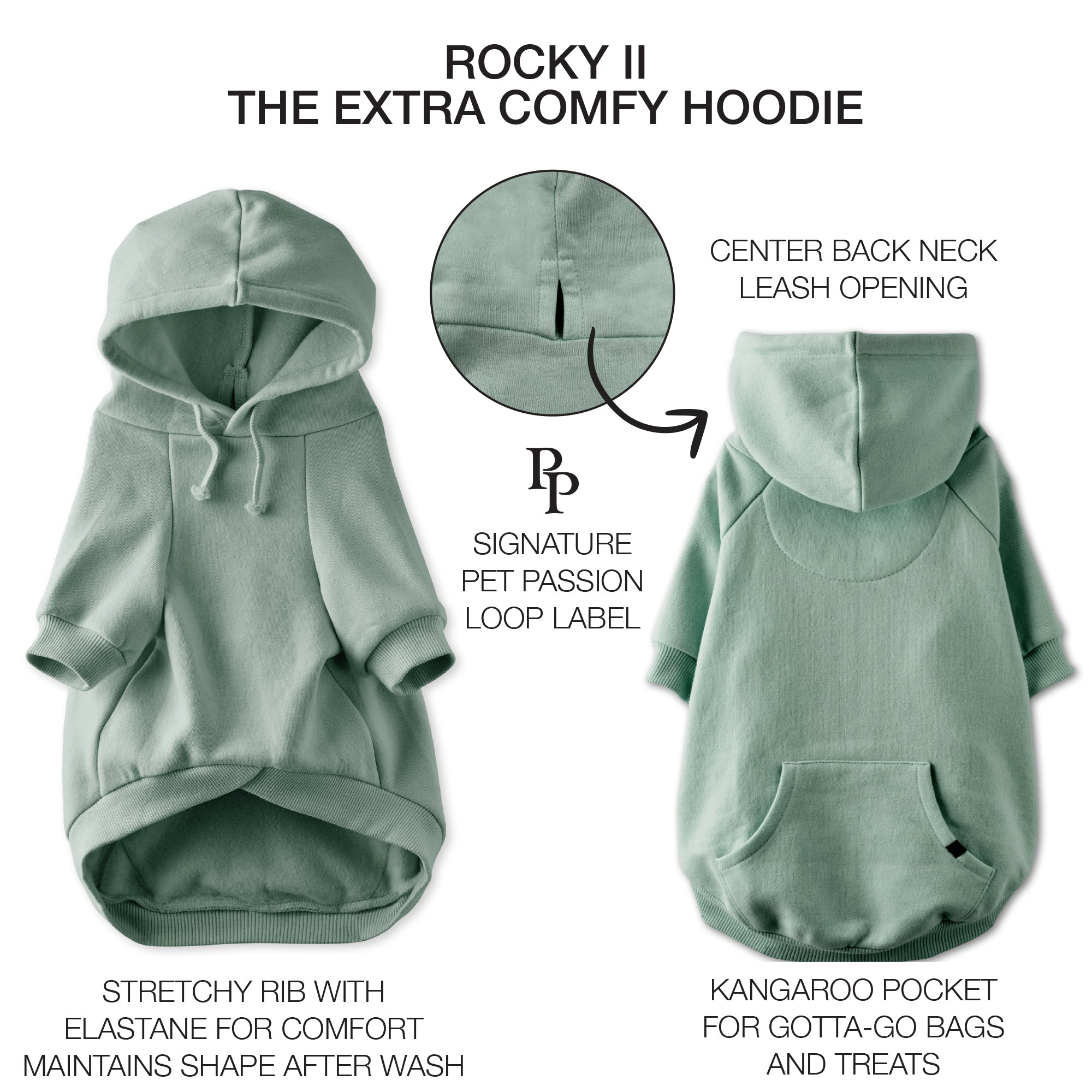 Green pet hoodie with features highlighted on a white background