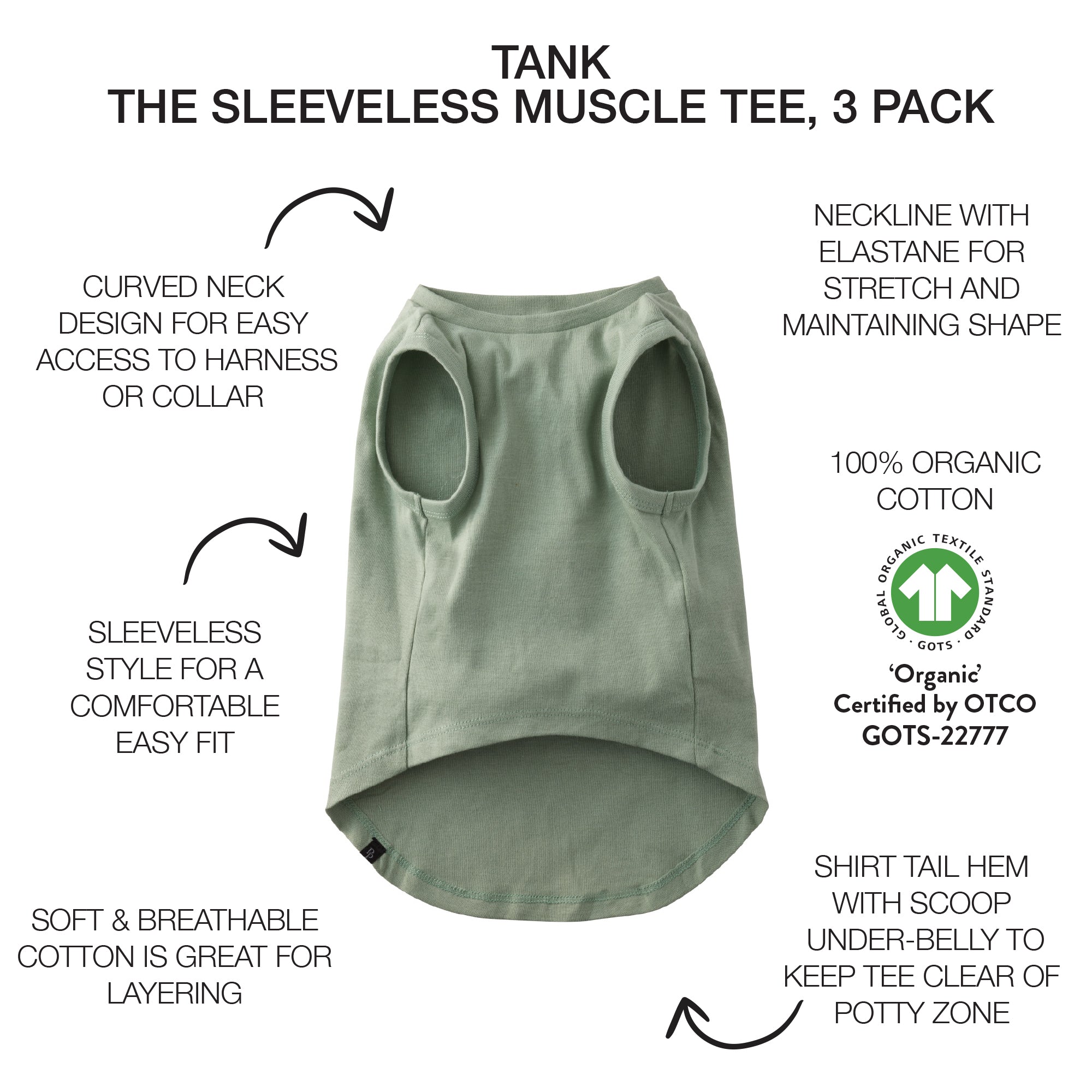 Sleeveless muscle tee for pets with product details on a white background