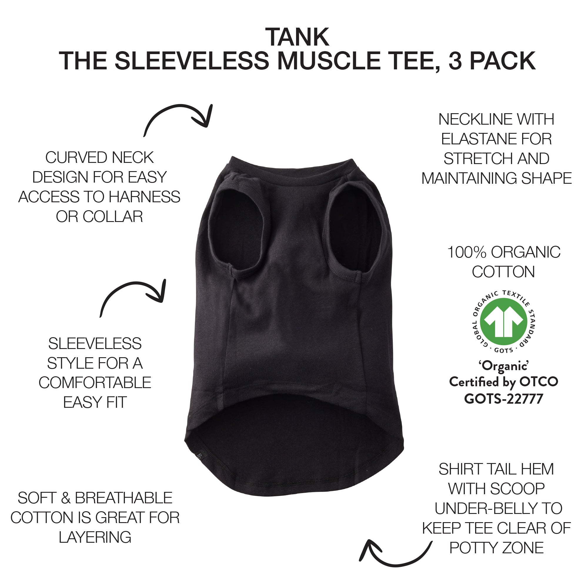 Black sleeveless muscle tee with features listed on a white background