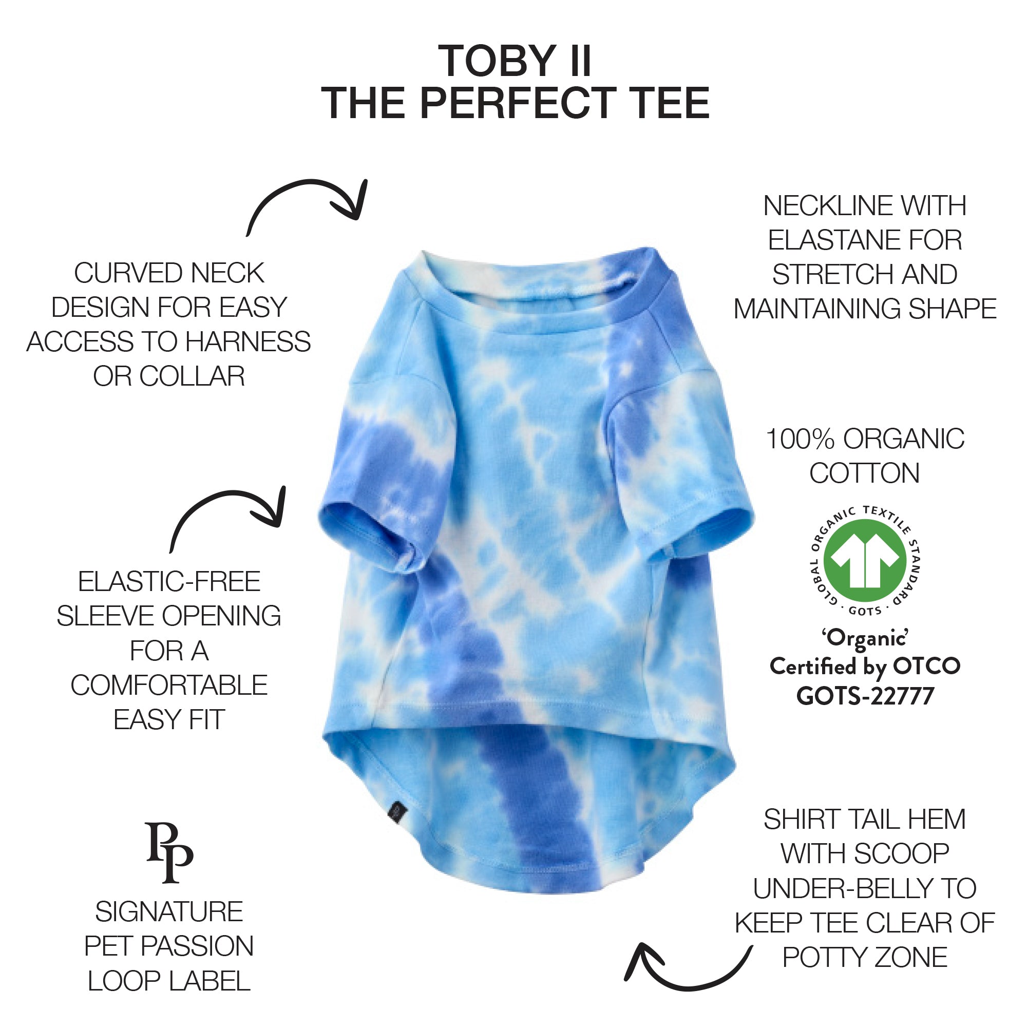 Toby II tee with product descriptions and GOTS certification badge
