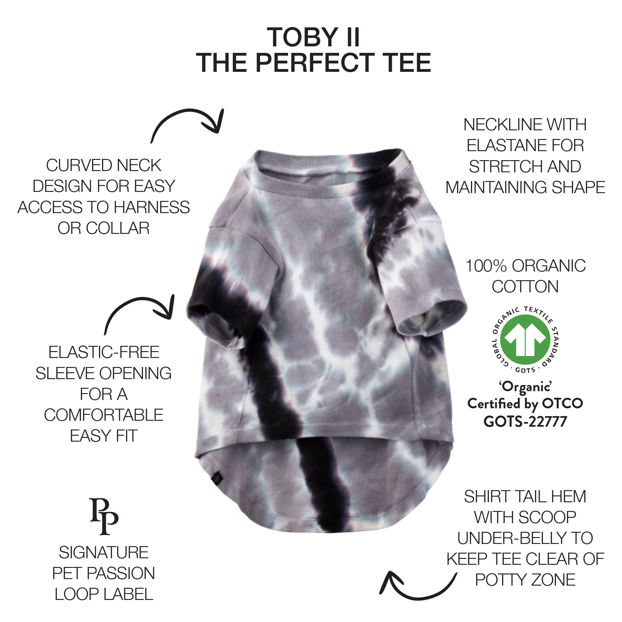 Toby II tee with product descriptions and GOTS certification badge