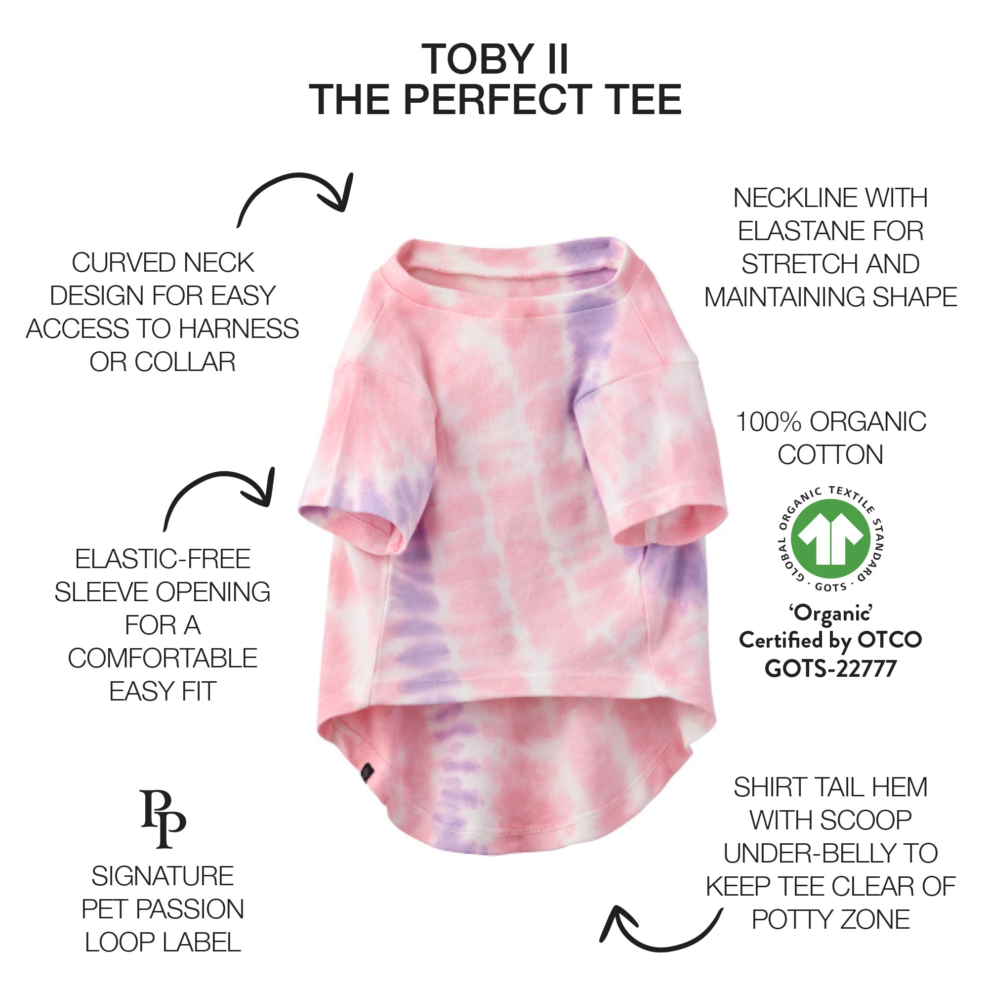 Toby II tee with product descriptions and GOTS certification badge