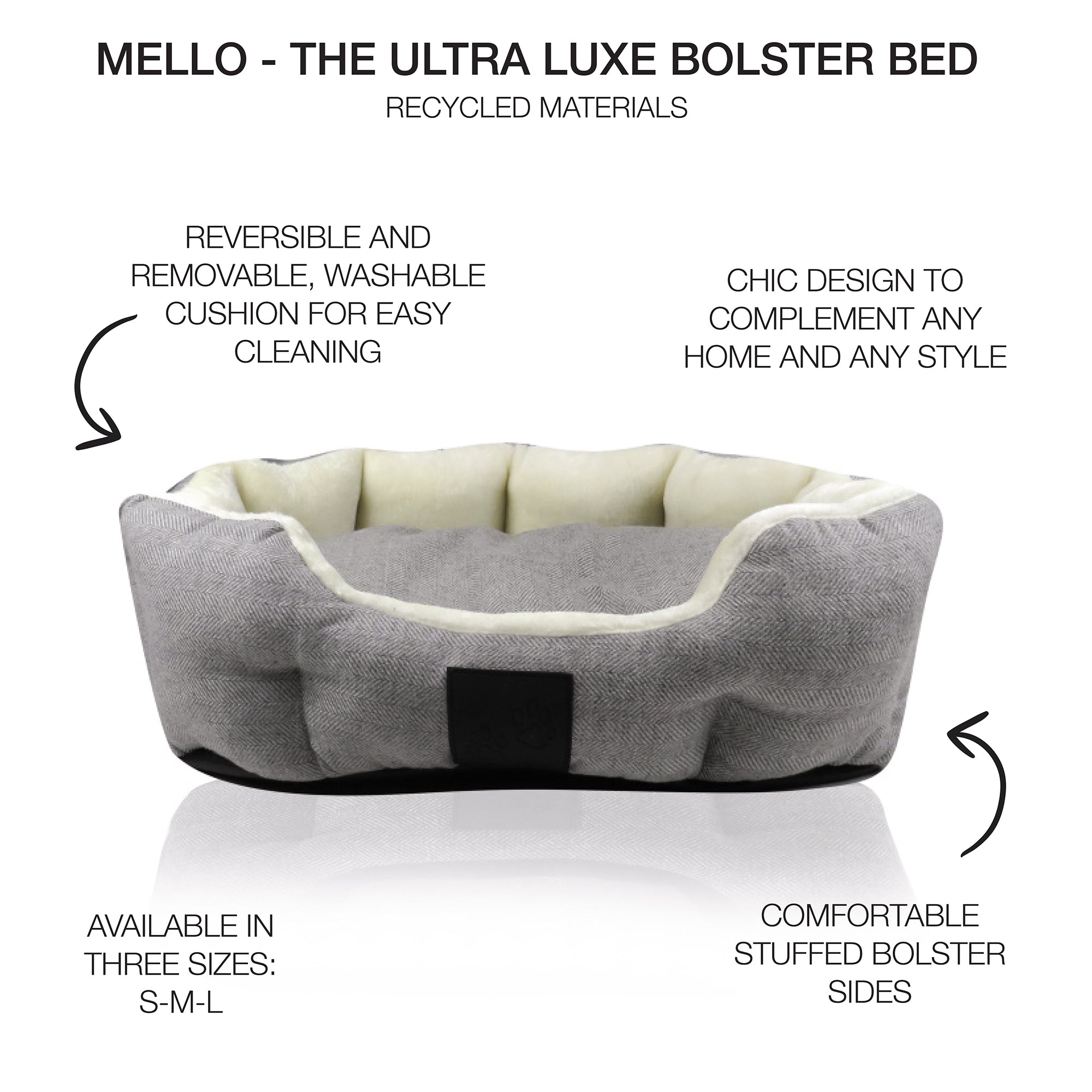 Mello the dog bed in Ivory Herringbone with product descriptions surrounding it.