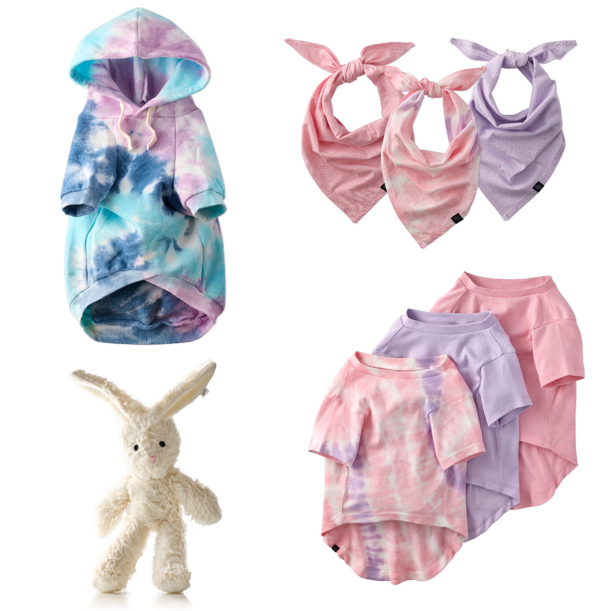 Peace & Love Dog Gift Set in Pink Tie Dye - shirt, hoodie, bandana and plush from Pet Passion