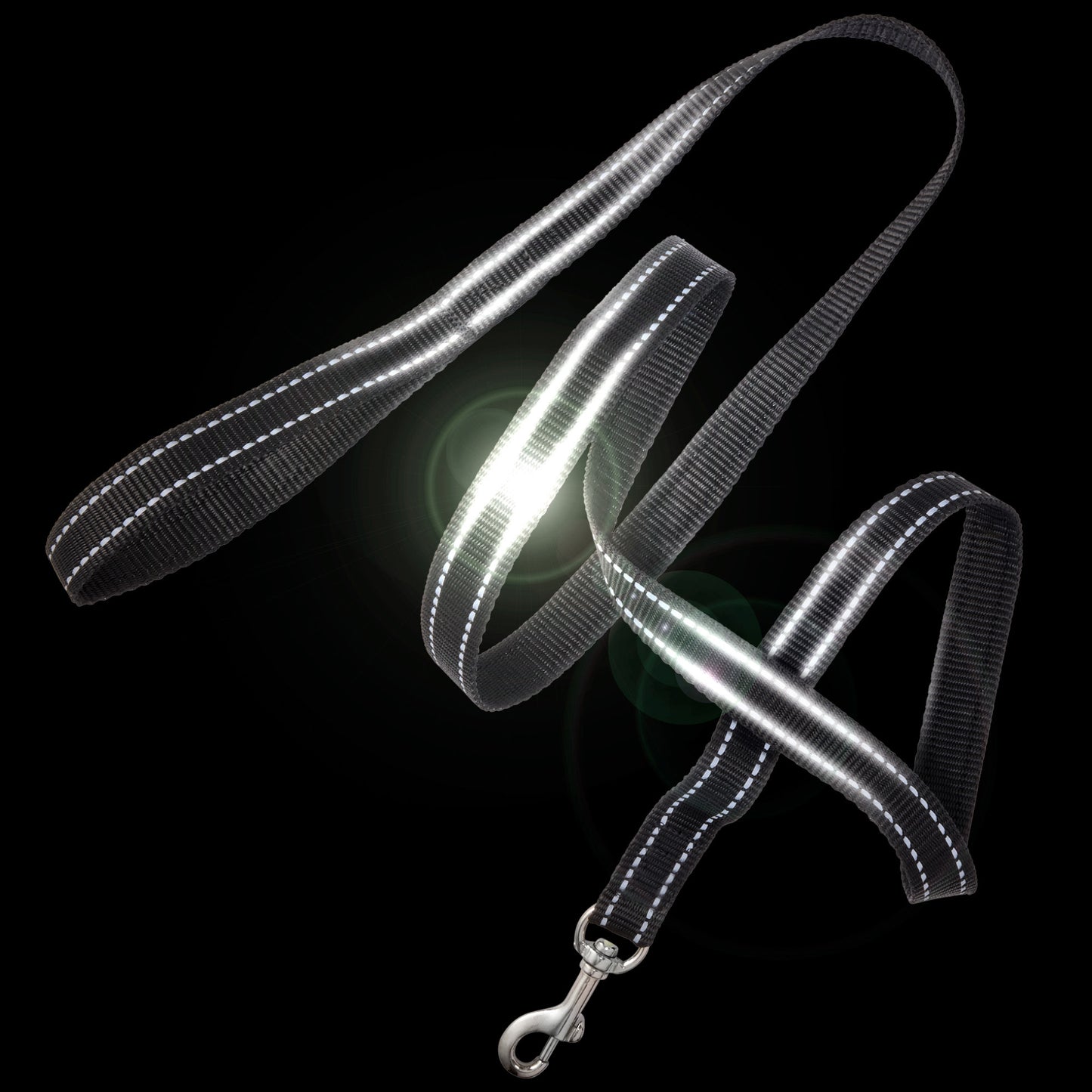 Reflective dog leash on a black background