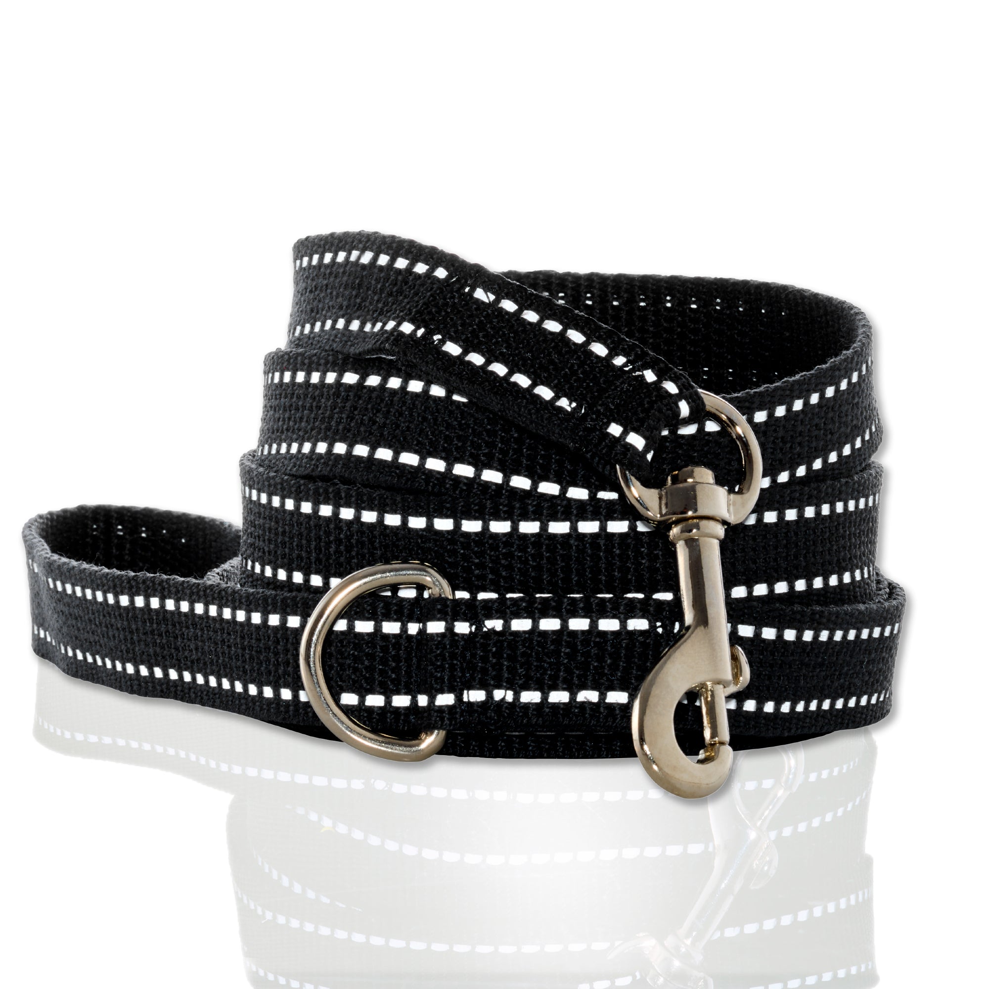 Black dog leash with reflective white stripes on a white background