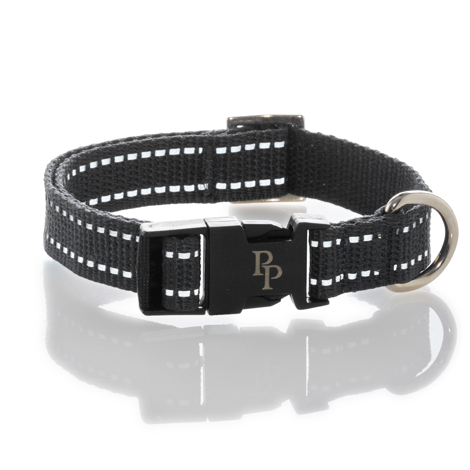 Navy blue dog collar with reflective stripes and a silver buckle on a white background