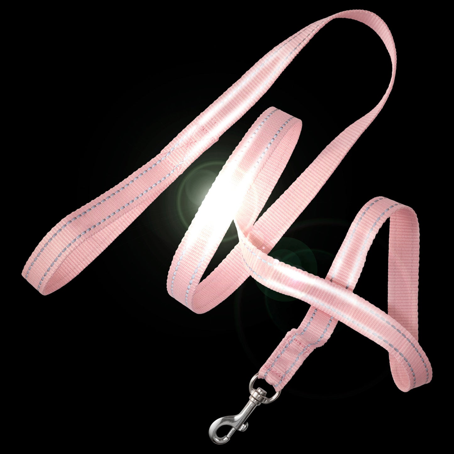 Pink dog leash with reflective strip on a black background