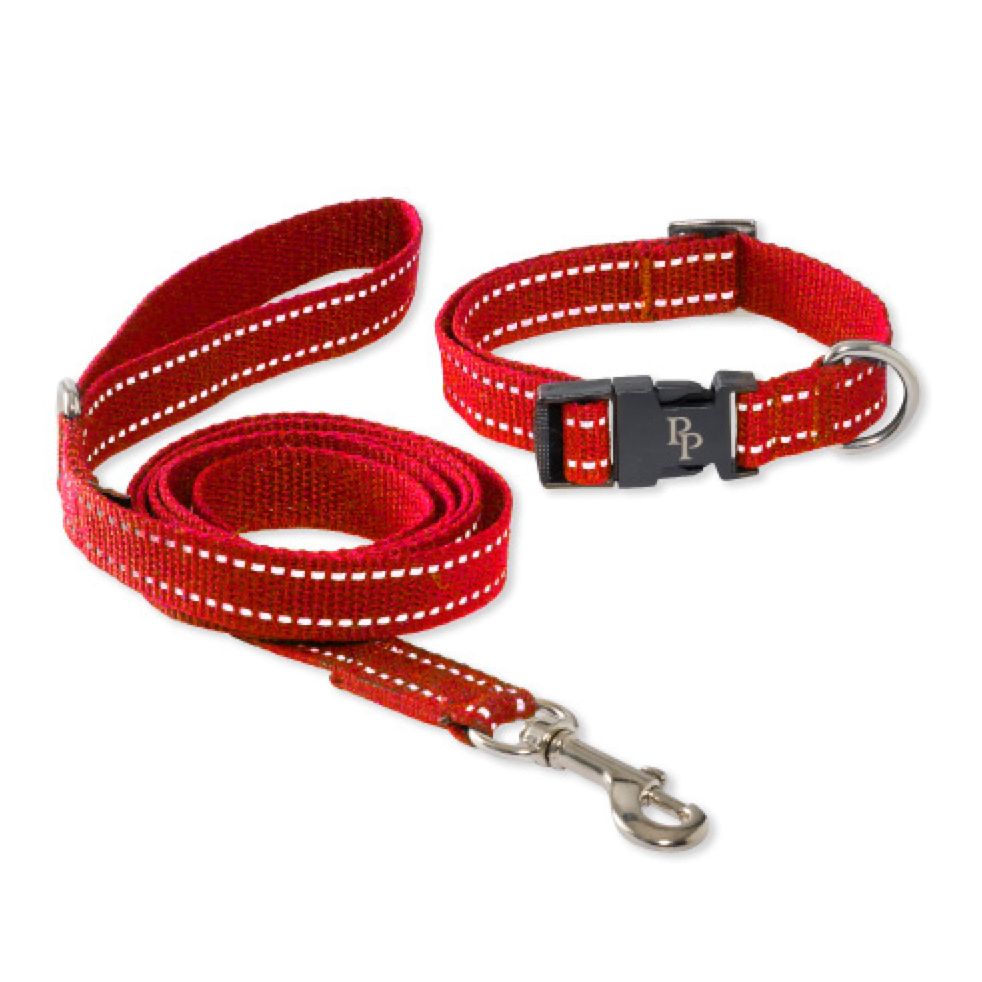 Pet Passion Max II hardy reflective dog leash and collar set in Red — durable nighttime walking gear with reflective stripes