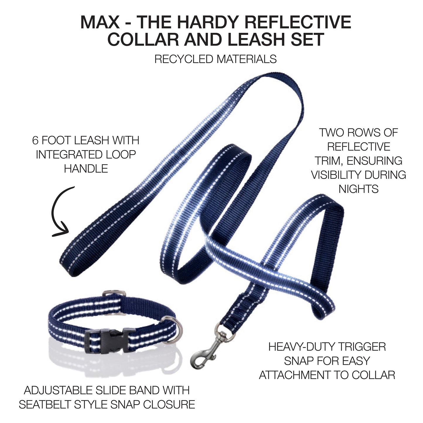 MAX - THE HARDY REFLECTIVE LEASH & COLLAR, 2-PACK, NAVY