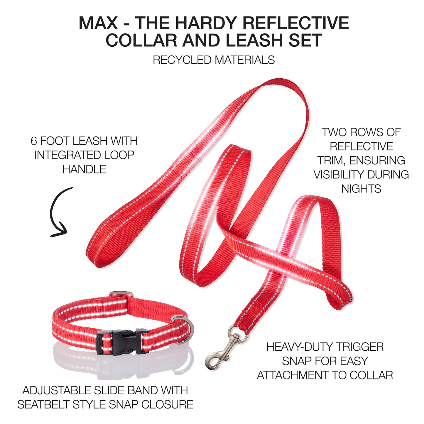 MAX - THE HARDY REFLECTIVE LEASH & COLLAR, 2-PACK, RED