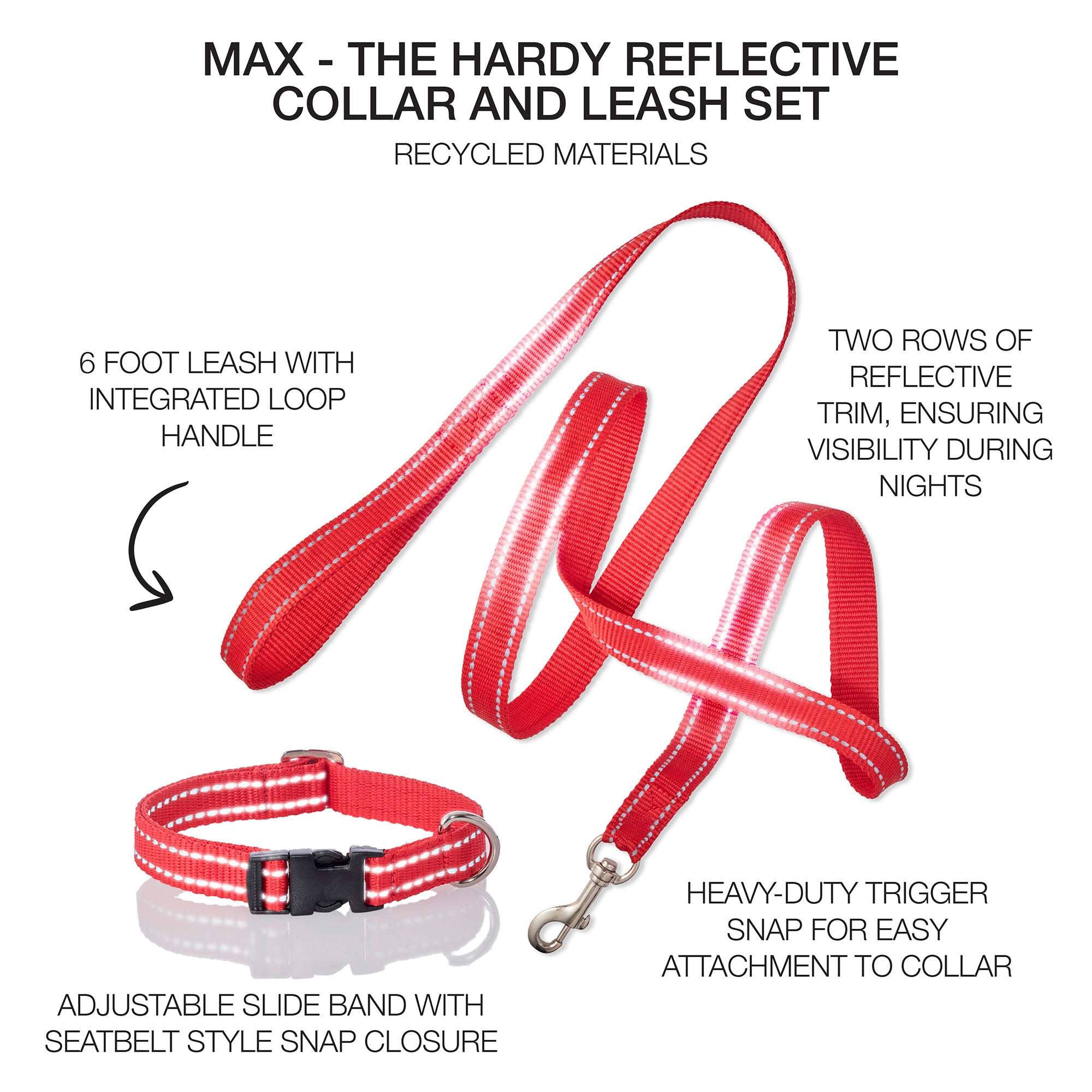 MAX - THE HARDY REFLECTIVE LEASH & COLLAR, 2-PACK, RED