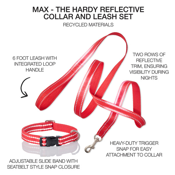 MAX - THE HARDY REFLECTIVE LEASH & COLLAR, 2-PACK, RED